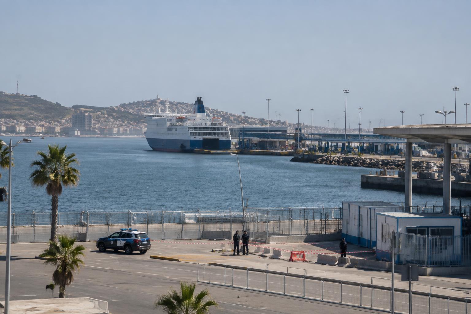 Hafenumfeld von Ceuta bei Tageslicht mit Polizeipräsenz und Fähre im Hintergrund