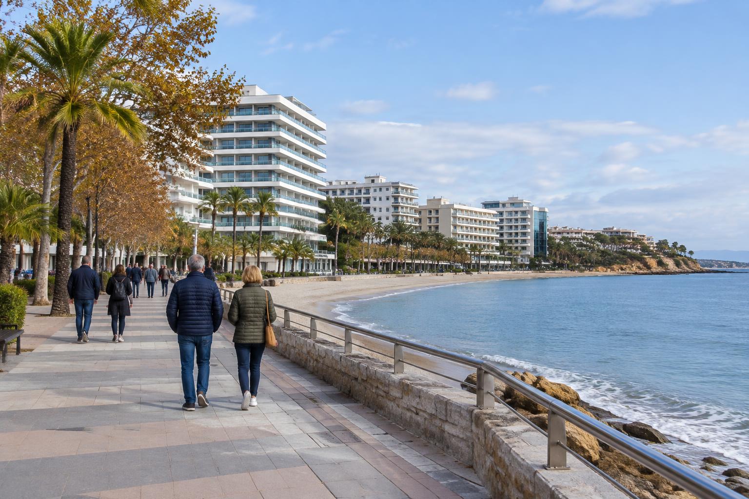 Strandpromenade an der Costa Dorada mit Hotels und Spaziergängern bei klarem Tageslicht