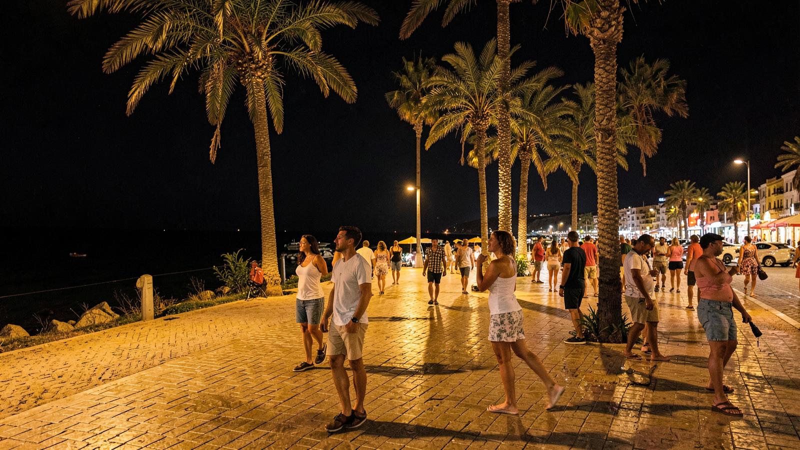 Menschen auf der nächtlichen Promenade von Dénia bei tropischen Temperaturen
