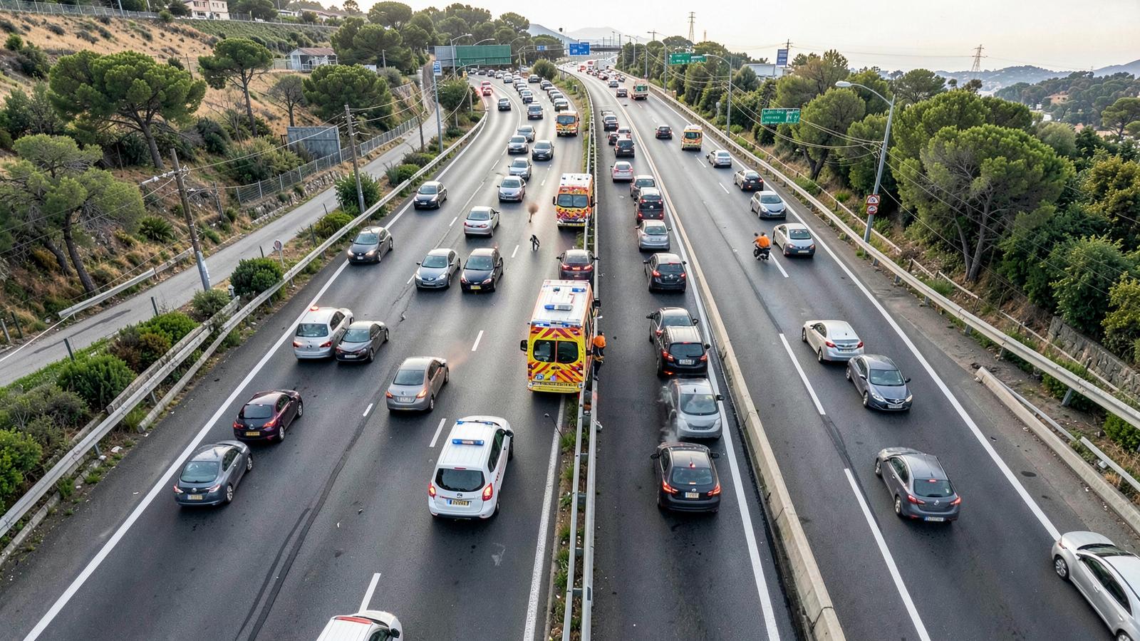 Fahrzeuge im Stau auf einer spanischen Autobahn bilden eine freie Rettungsgasse