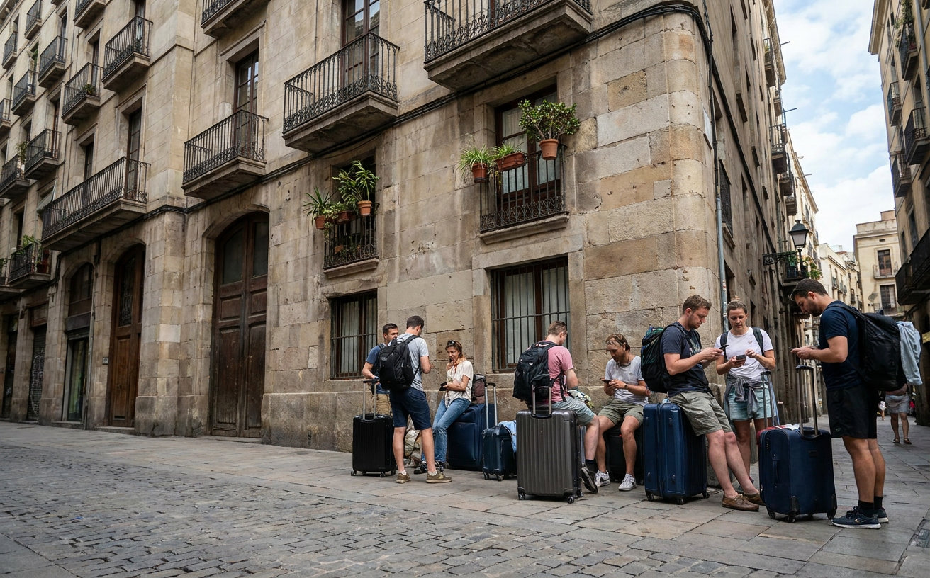 Reisende mit Koffern vor dem Eingang einer Ferienwohnung in Barcelona