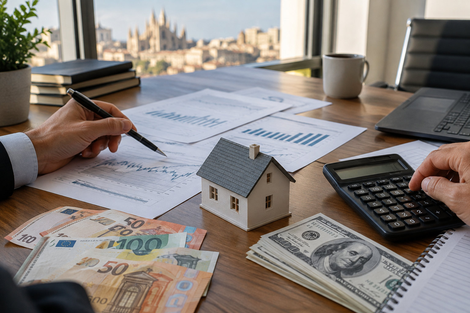 Euro- und Dollarscheine neben einem Hausmodell und Finanzdiagrammen zur Fed-Zinserhöhung