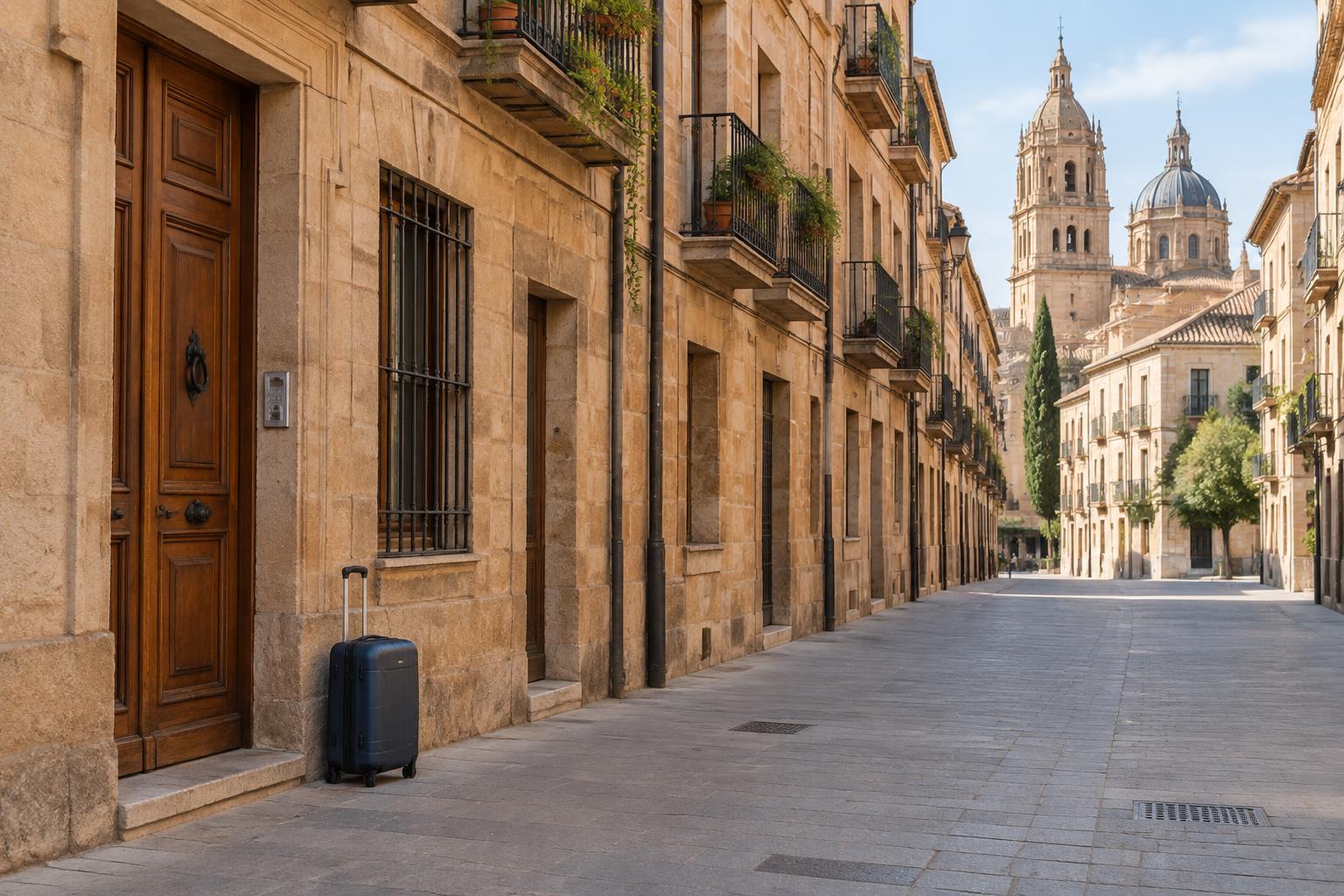 Mehrstöckige Wohnhäuser aus Sandstein in der Innenstadt von Salamanca.