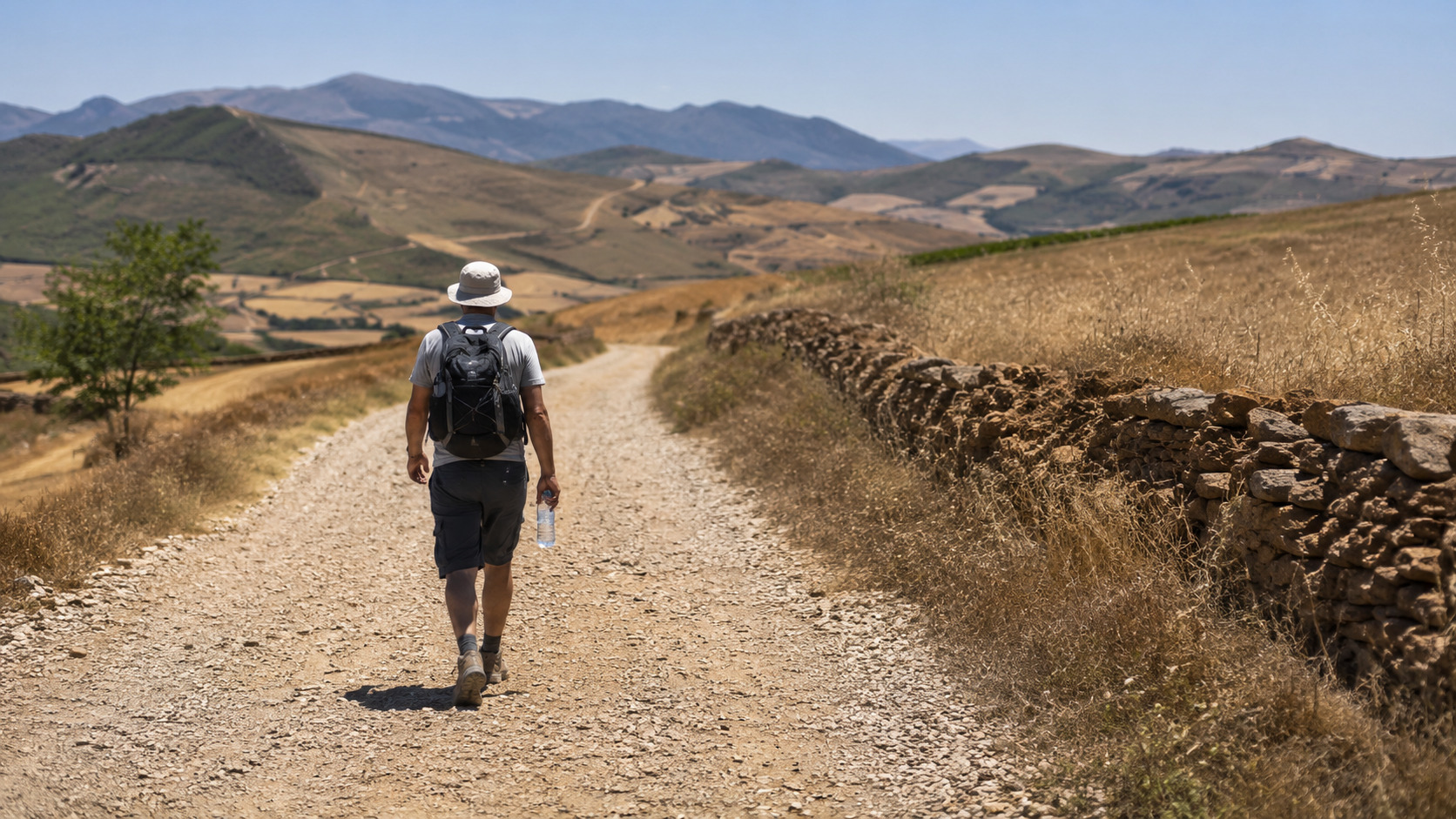 Pilger mit Wasserflasche auf einem trockenen Wanderweg in Navarra bei großer Hitze