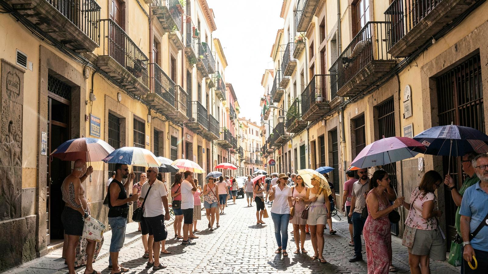 Menschen mit Sonnenschirmen in einer sonnendurchfluteten Altstadtgasse in Andalusien während der Hitzewelle