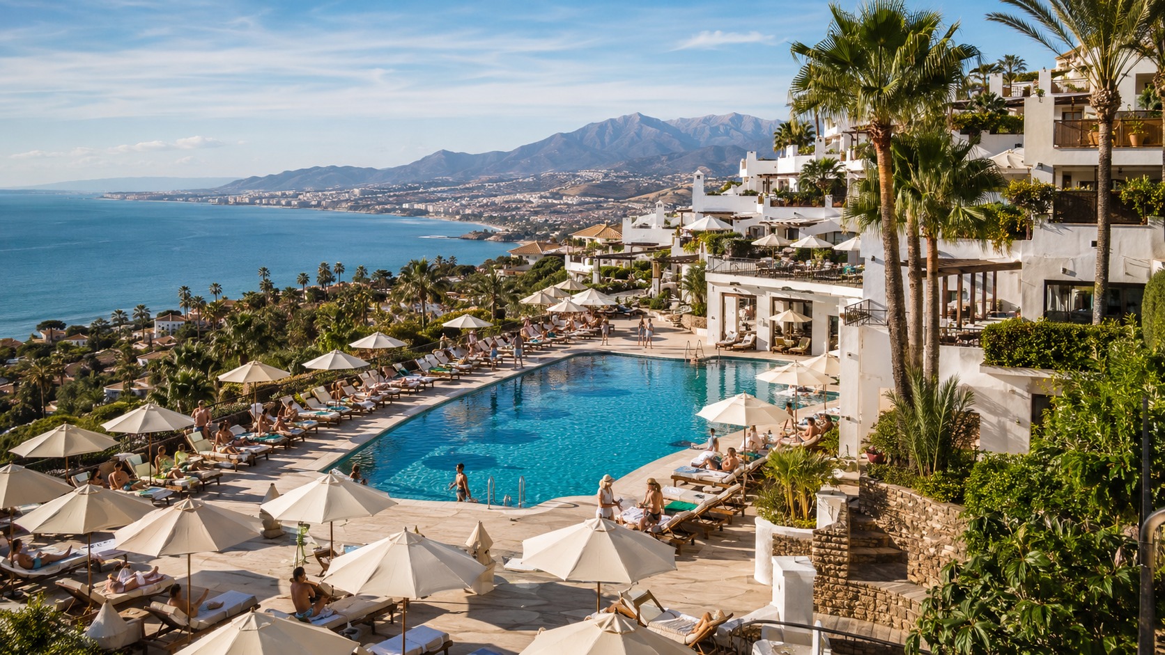 Hotelanlage mit Pool und Blick auf die Mittelmeerküste an der Costa del Sol
