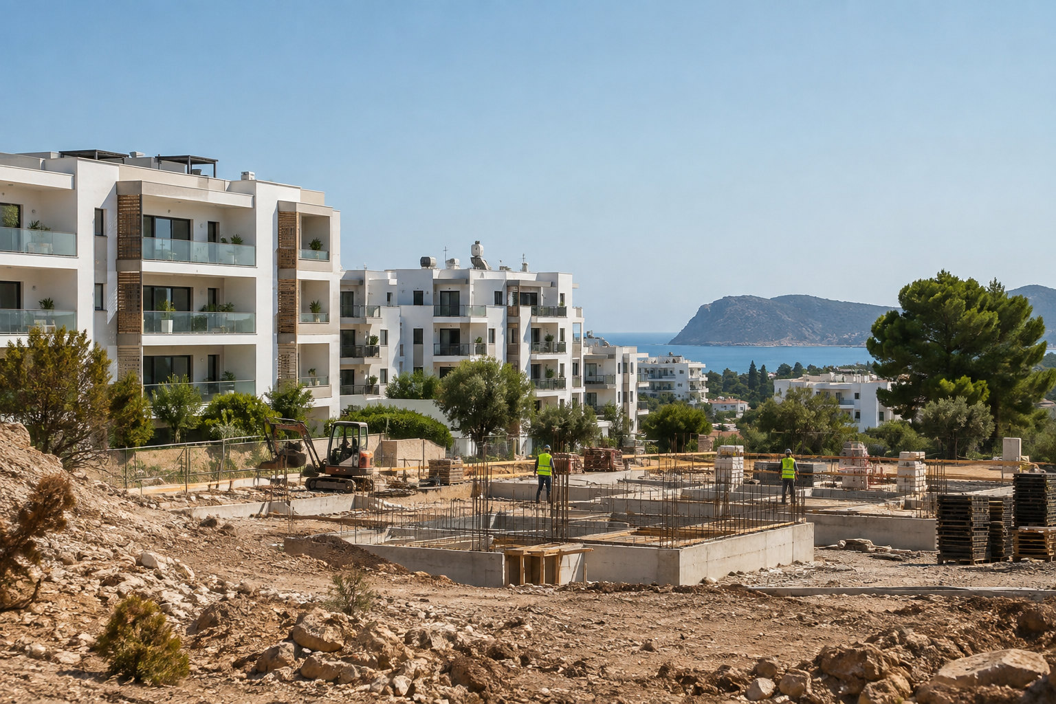 Geplantes Wohngebiet in Ibiza mit Mehrfamilienhäusern und Bauflächen vor mediterraner Landschaft