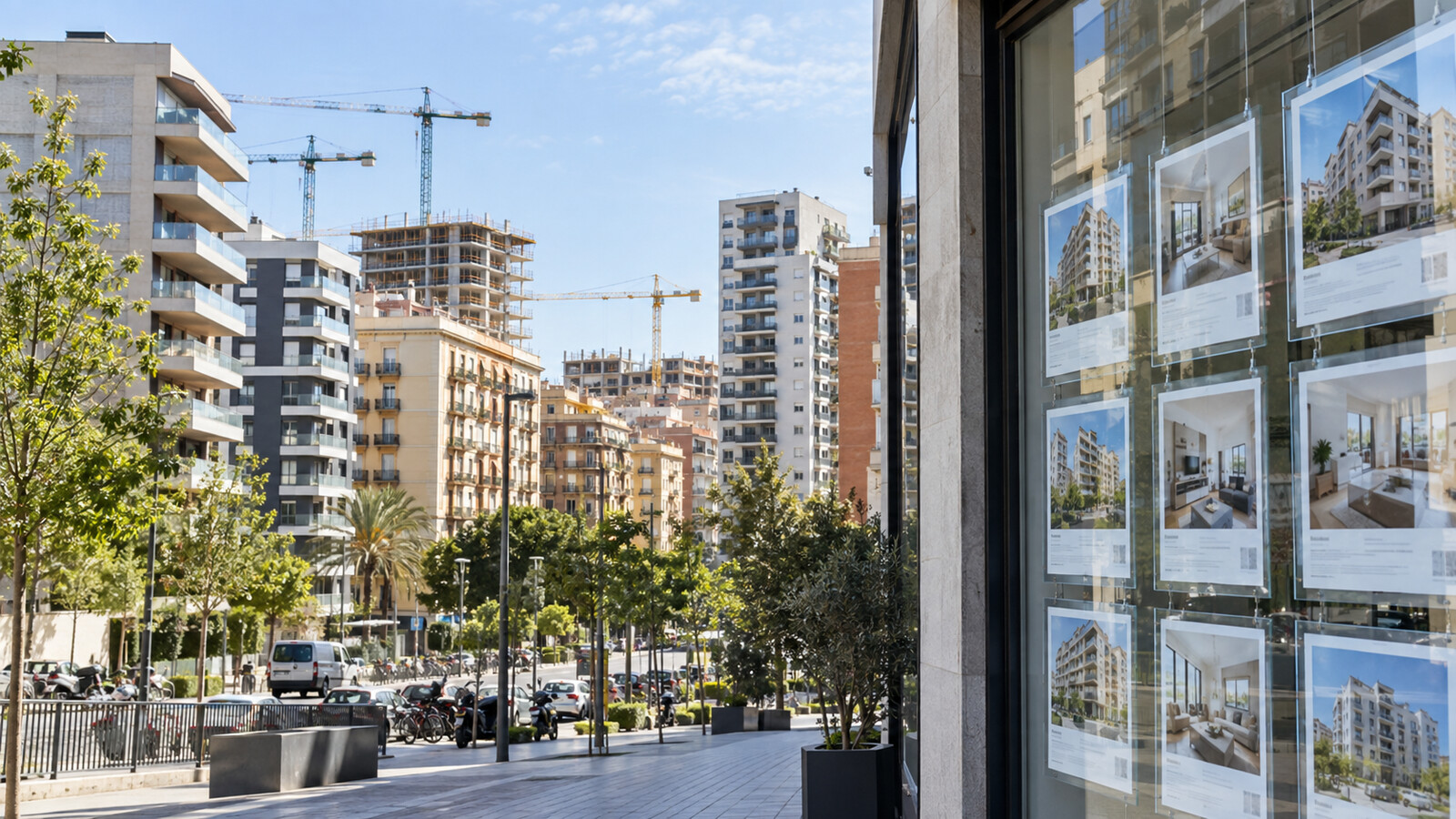 Spanische Wohnhäuser, Baustellen und ein Immobilienbüro bei hellem Tageslicht