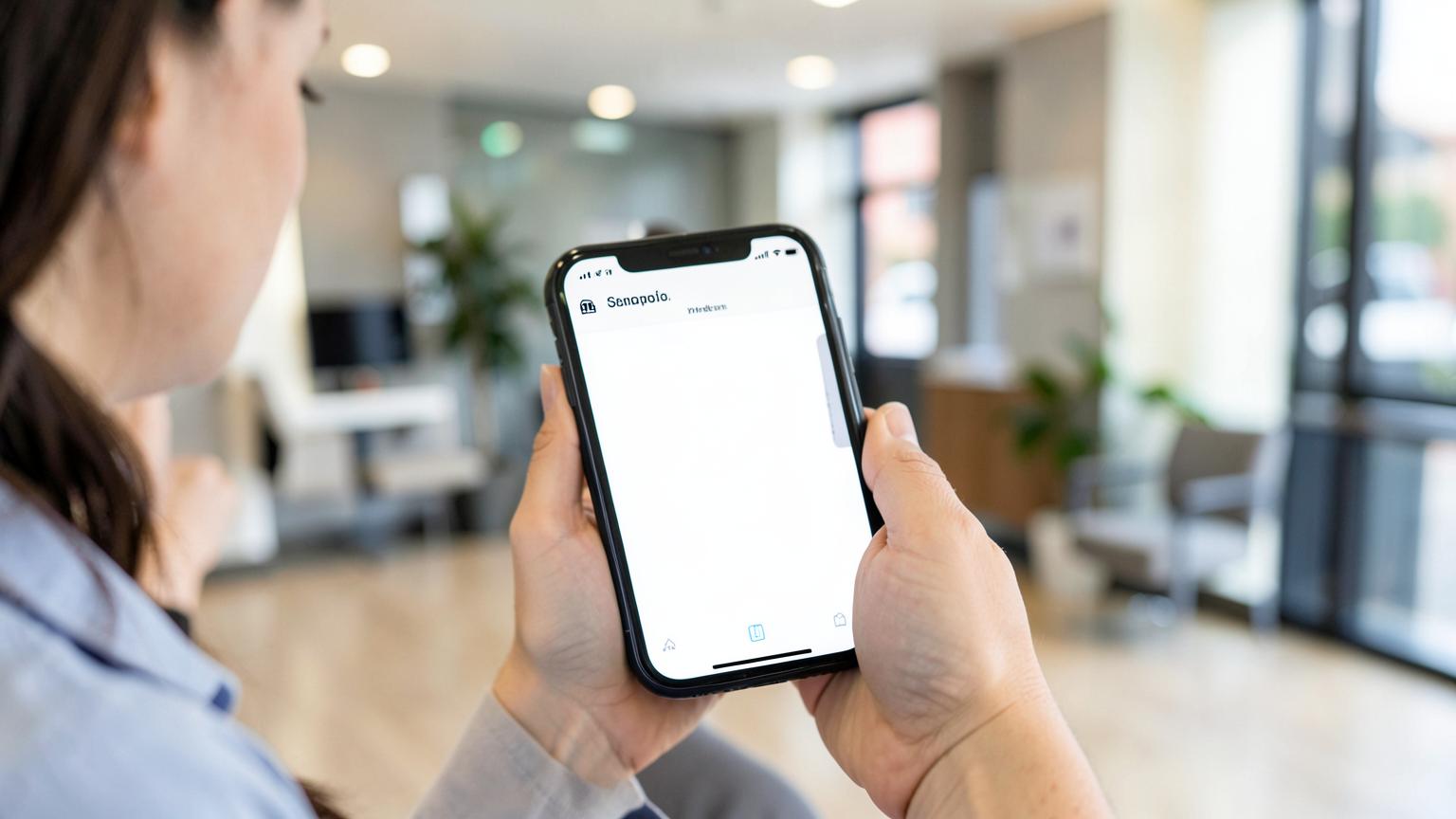 Person mit Smartphone im Wartebereich eines Gesundheitszentrums