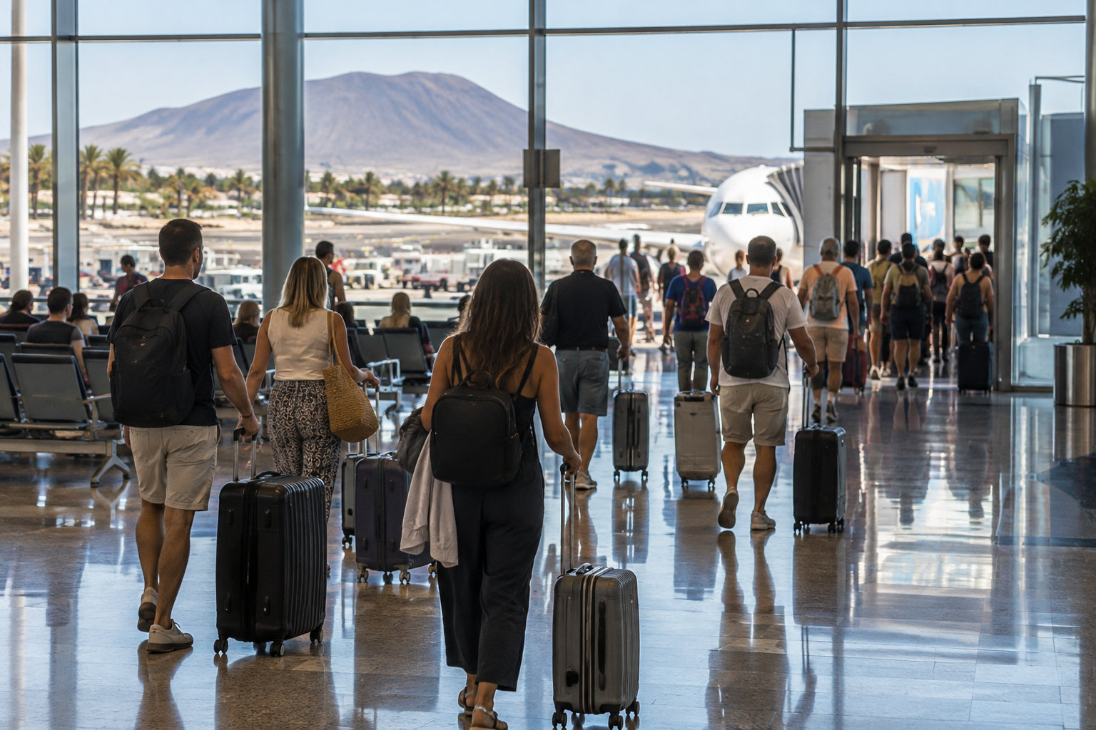 Reisende mit Gepäck im Terminal eines kanarischen Flughafens vor den Abflugtafeln
