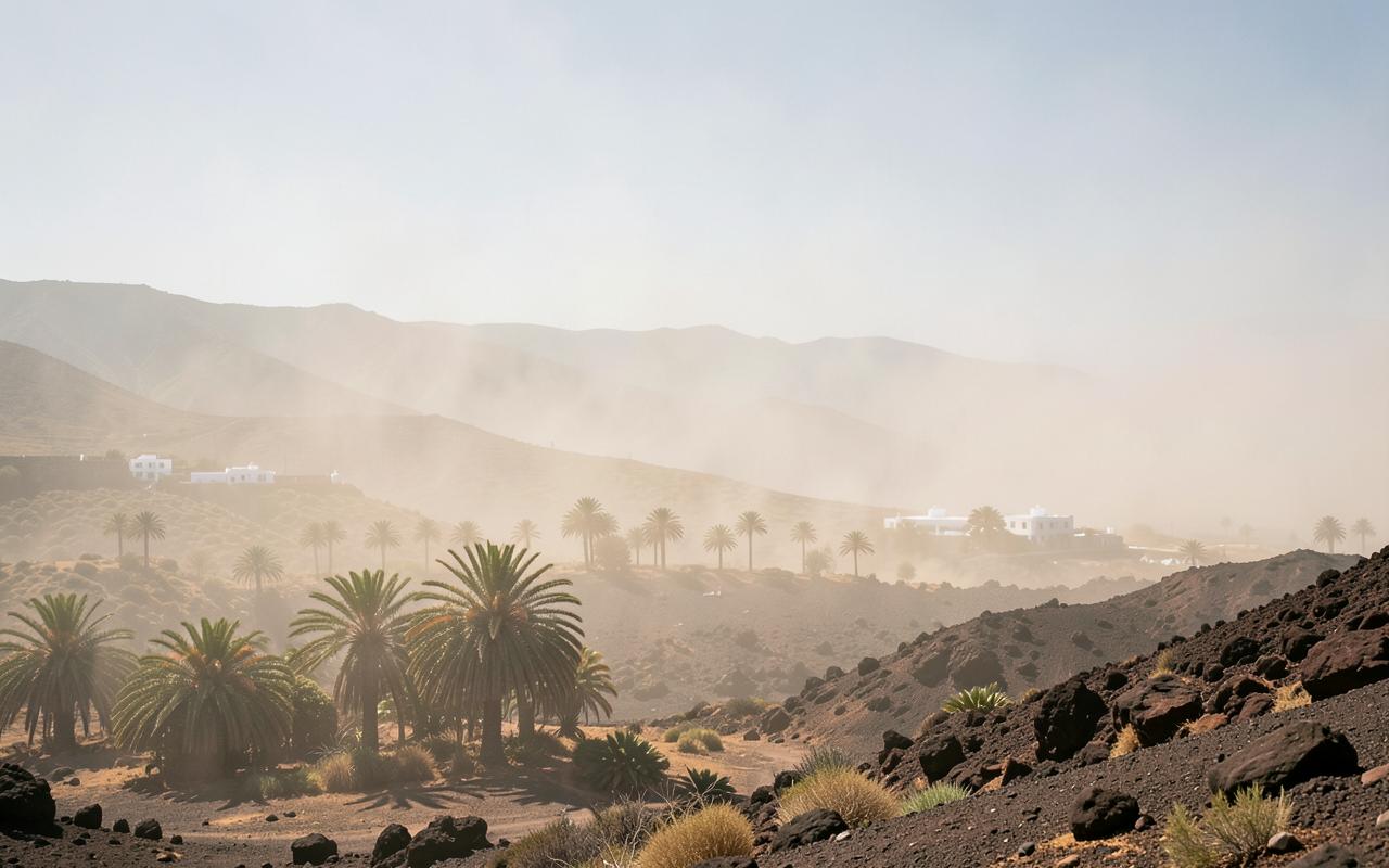 Calima über einer trockenen Landschaft auf den Kanaren bei großer Hitze