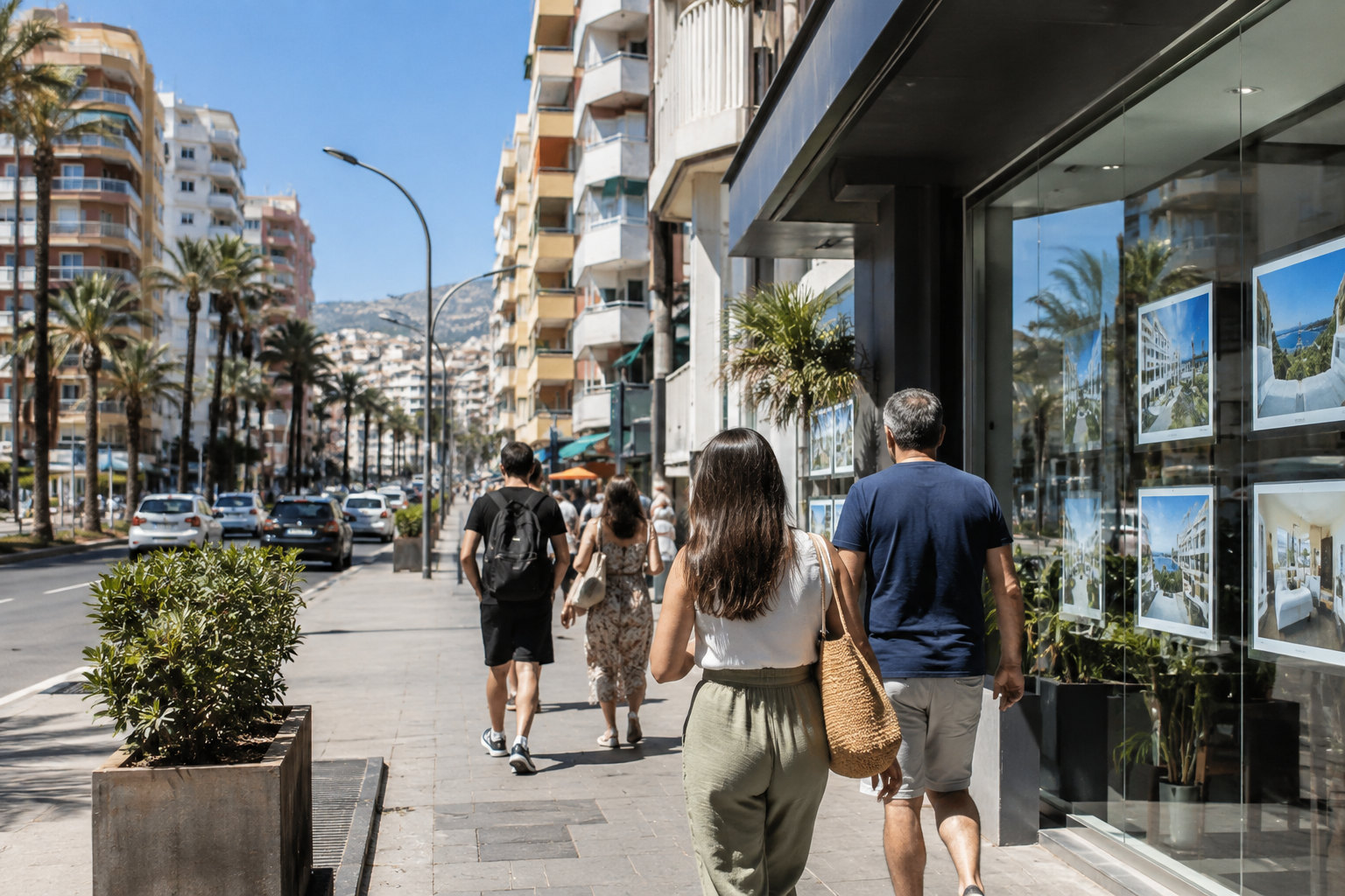 Wohnhäuser auf den Kanaren vor einer Geschäftsstraße als Symbol für steigende Immobilienpreise und niedrige Löhne