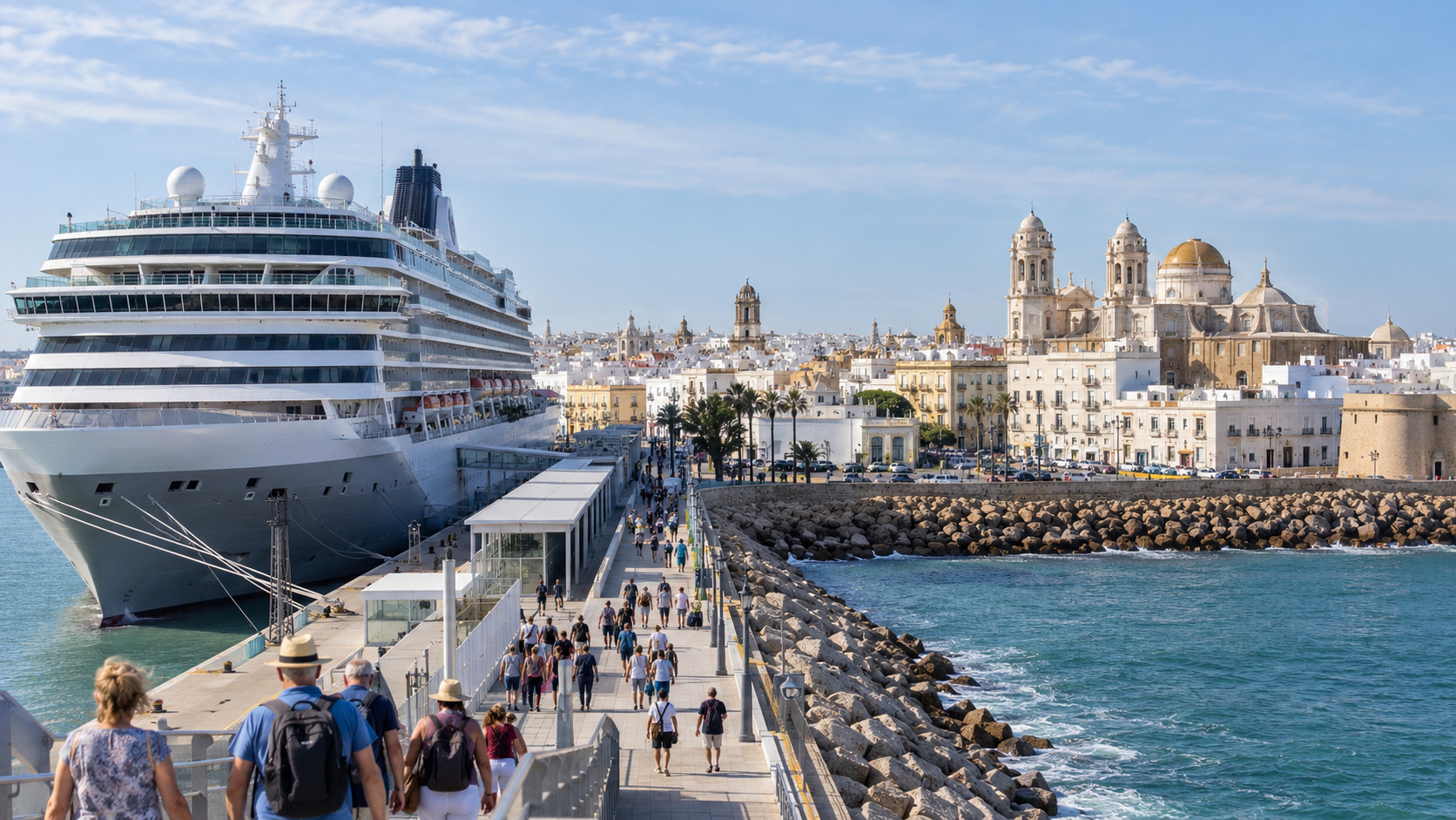 Großes Kreuzfahrtschiff vor der historischen Altstadt von Cádiz