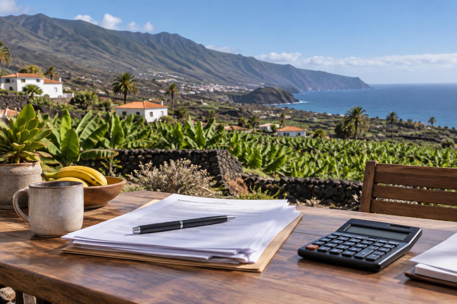 La Palma IRPF: Steuerunterlagen vor Vulkanlandschaft auf La Palma, Symbolbild – mit künstlicher Intelligenz erstellt