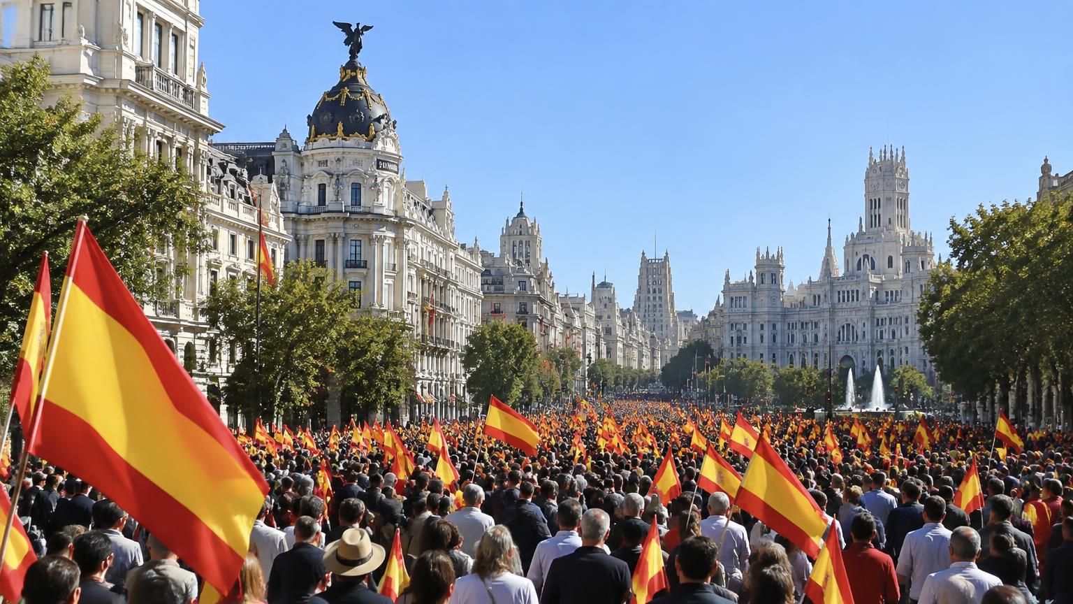 Menschenmenge mit spanischen Flaggen auf einem Boulevard in Madrid bei Tageslicht