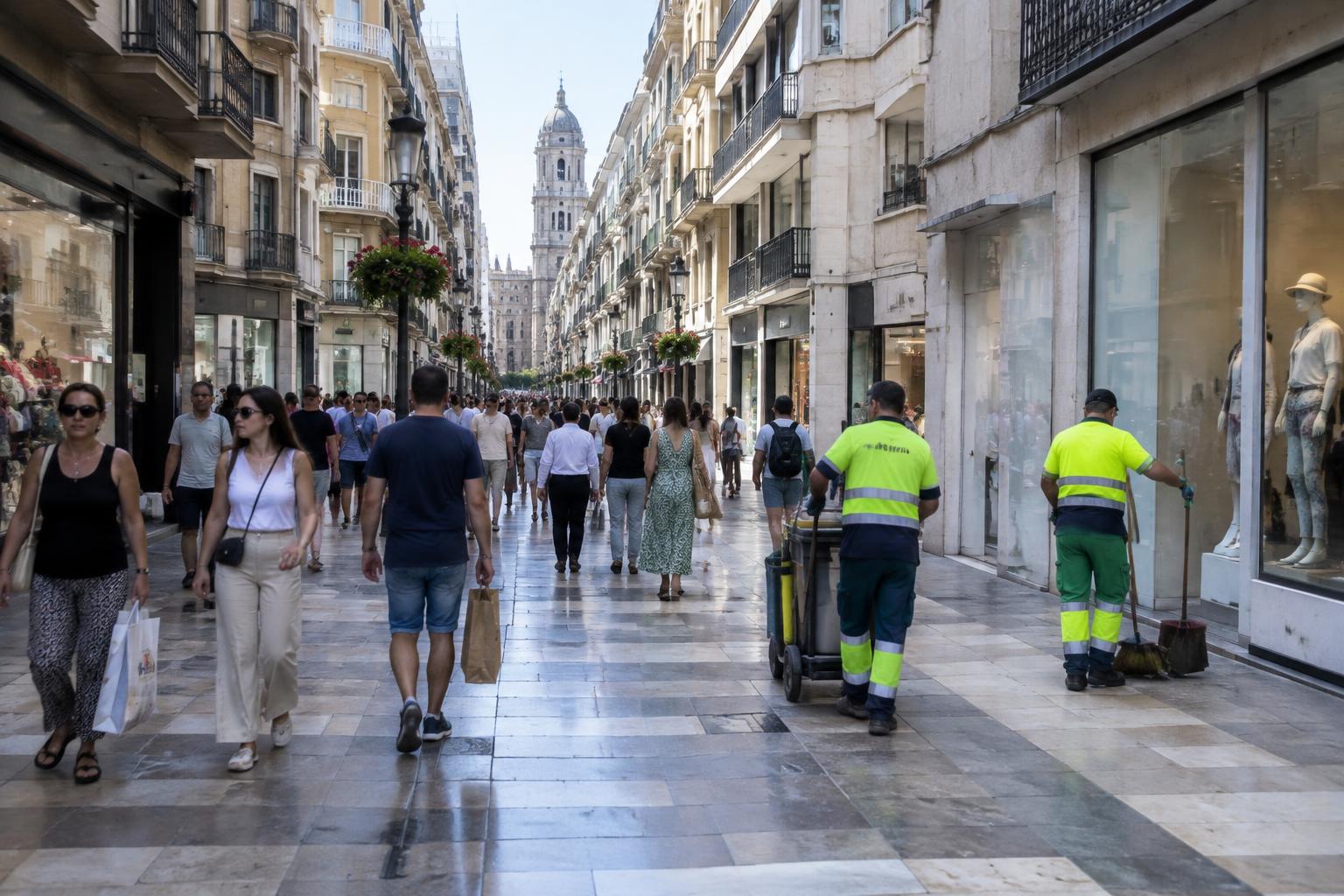 Belebte Einkaufsstraße in Málaga mit Passanten und Geschäften bei Tageslicht