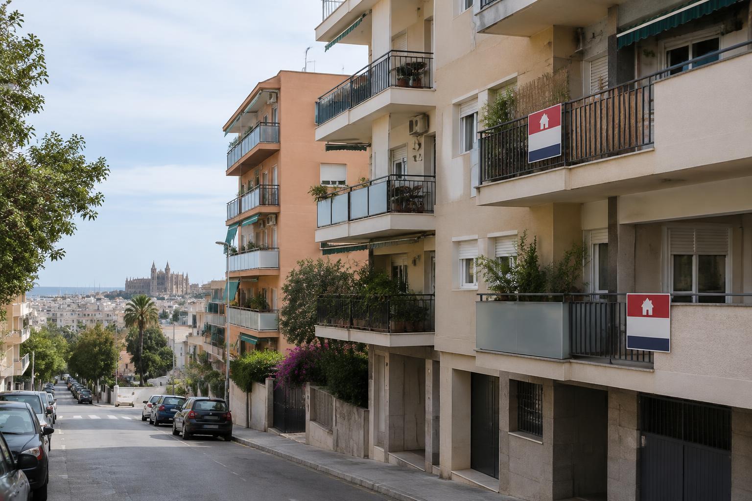 Wohnstraße in Palma de Mallorca mit Mehrfamilienhäusern und Immobilienschildern bei Tageslicht