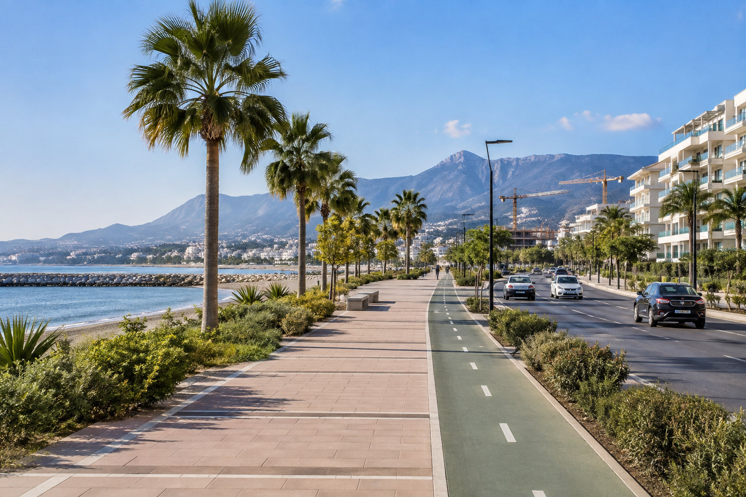 Küstenstadt Marbella mit Paseo Marítimo, Grünflächen und Verkehrswegen vor der Sierra de las Nieves
