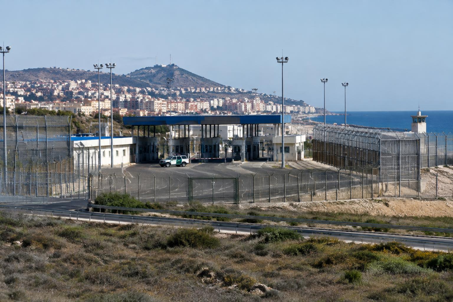 Grenzanlage von Melilla bei Tageslicht mit einem Einsatzfahrzeug in der Ferne
