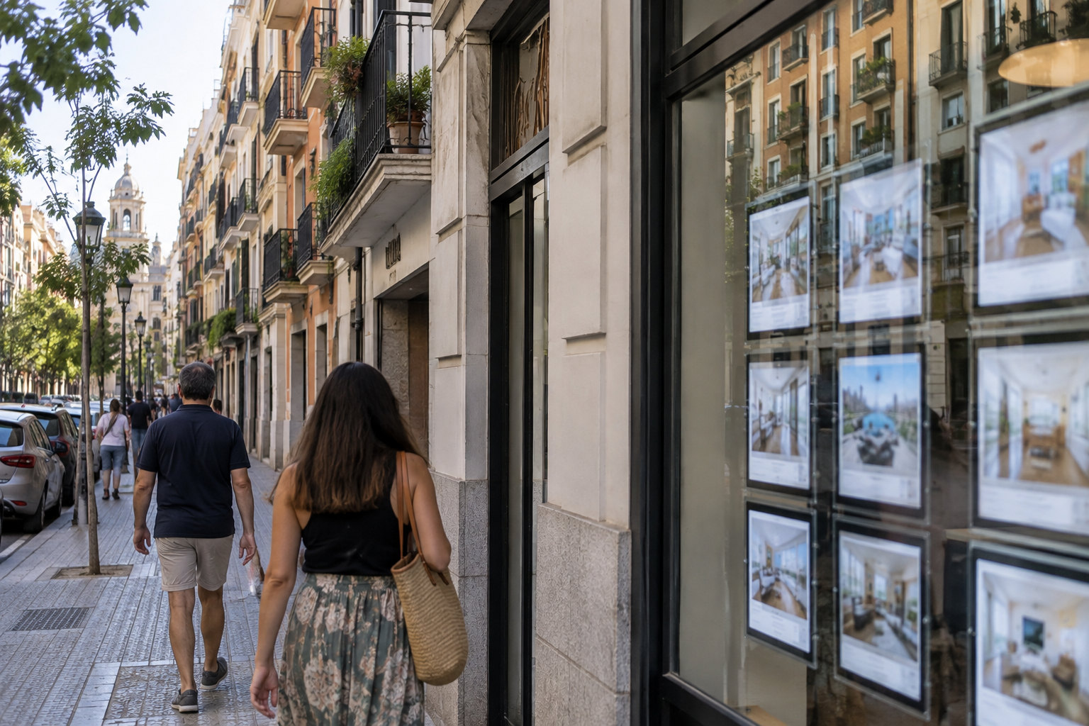 Mehrfamilienhäuser in Spanien mit Schaufenster eines Immobilienbüros im Vordergrund