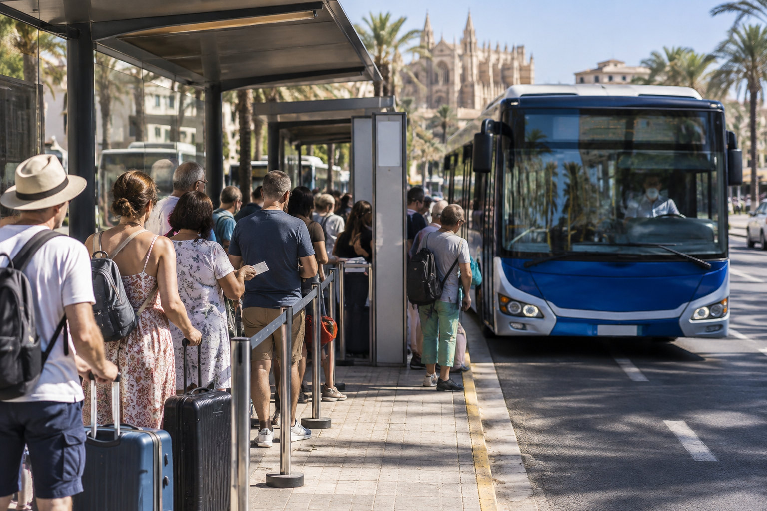 Überfüllte EMT-Bushaltestelle in Palma mit getrennten Wartebereichen und ankommendem Stadtbus