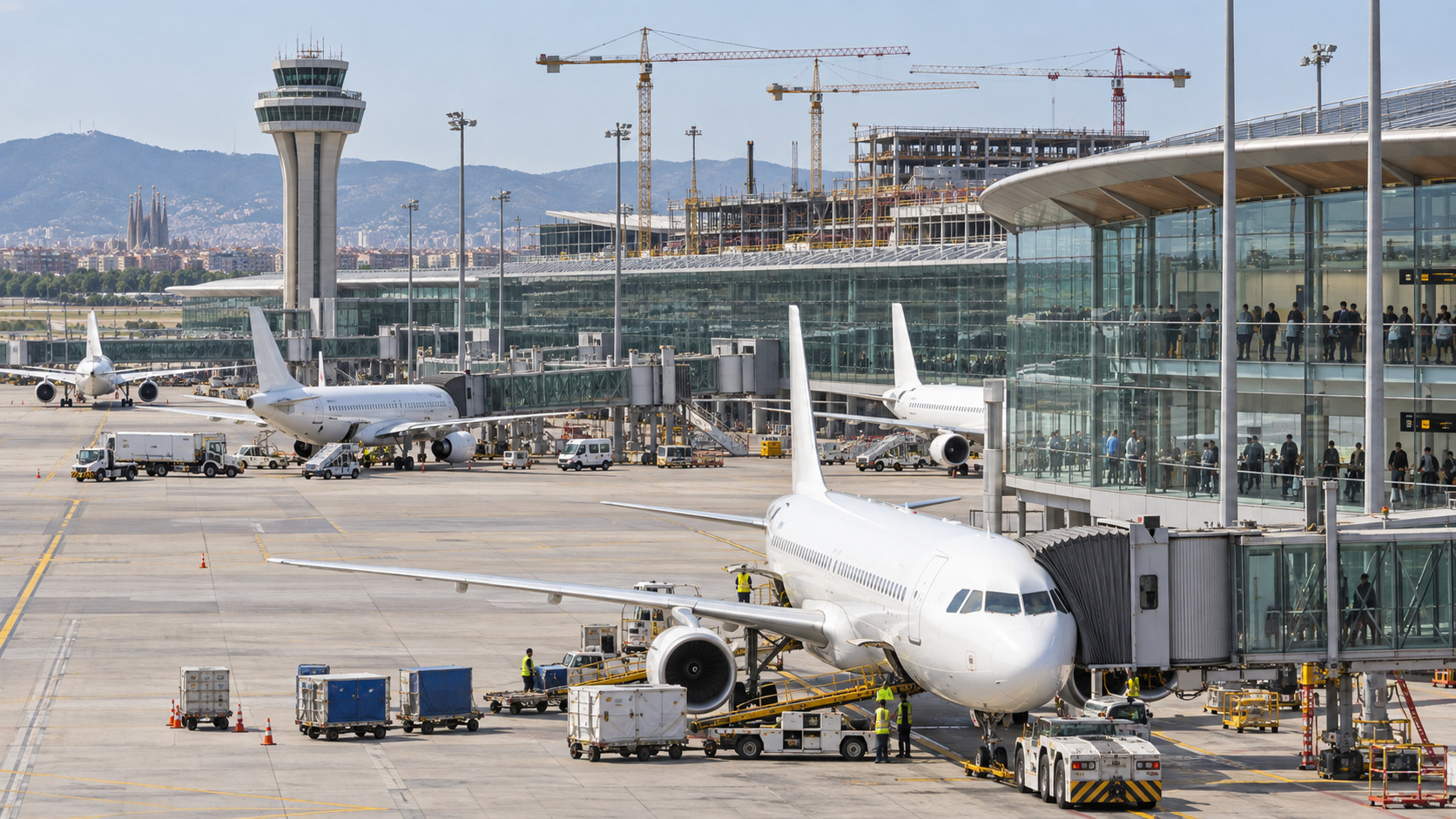 Modernes spanisches Flughafenterminal mit Flugzeugen und Ausbauarbeiten bei Tageslicht