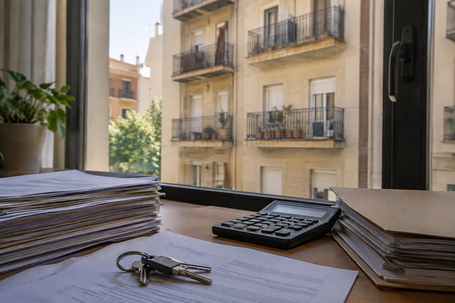 Wohnungsanzeige und spanische Grundbuchunterlagen auf einem Tisch als Symbol für riskante Immobiliengeschäfte