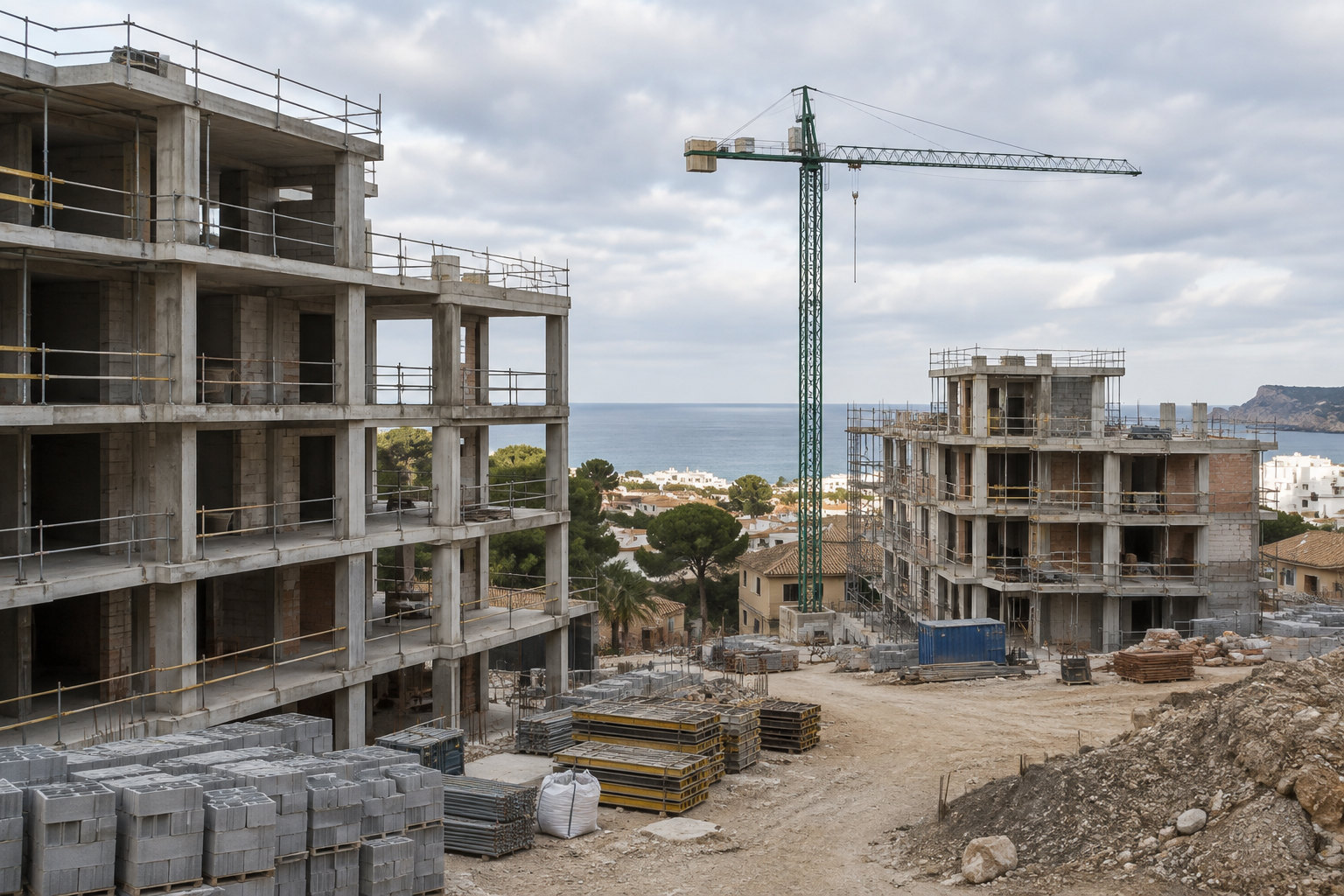 Stillstehende spanische Wohnungsbaustelle mit Rohbauten, Gerüst und ungenutztem Baukran