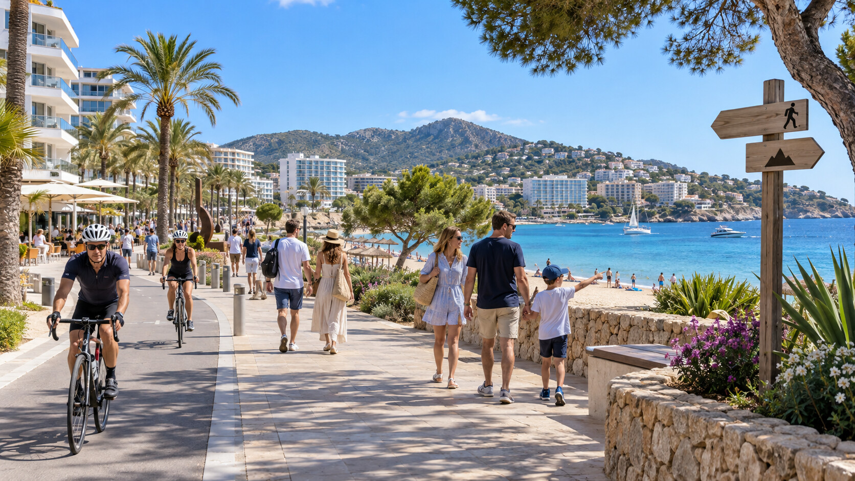 Spaziergänger und Radfahrer auf einer modernisierten Strandpromenade in Calvià.