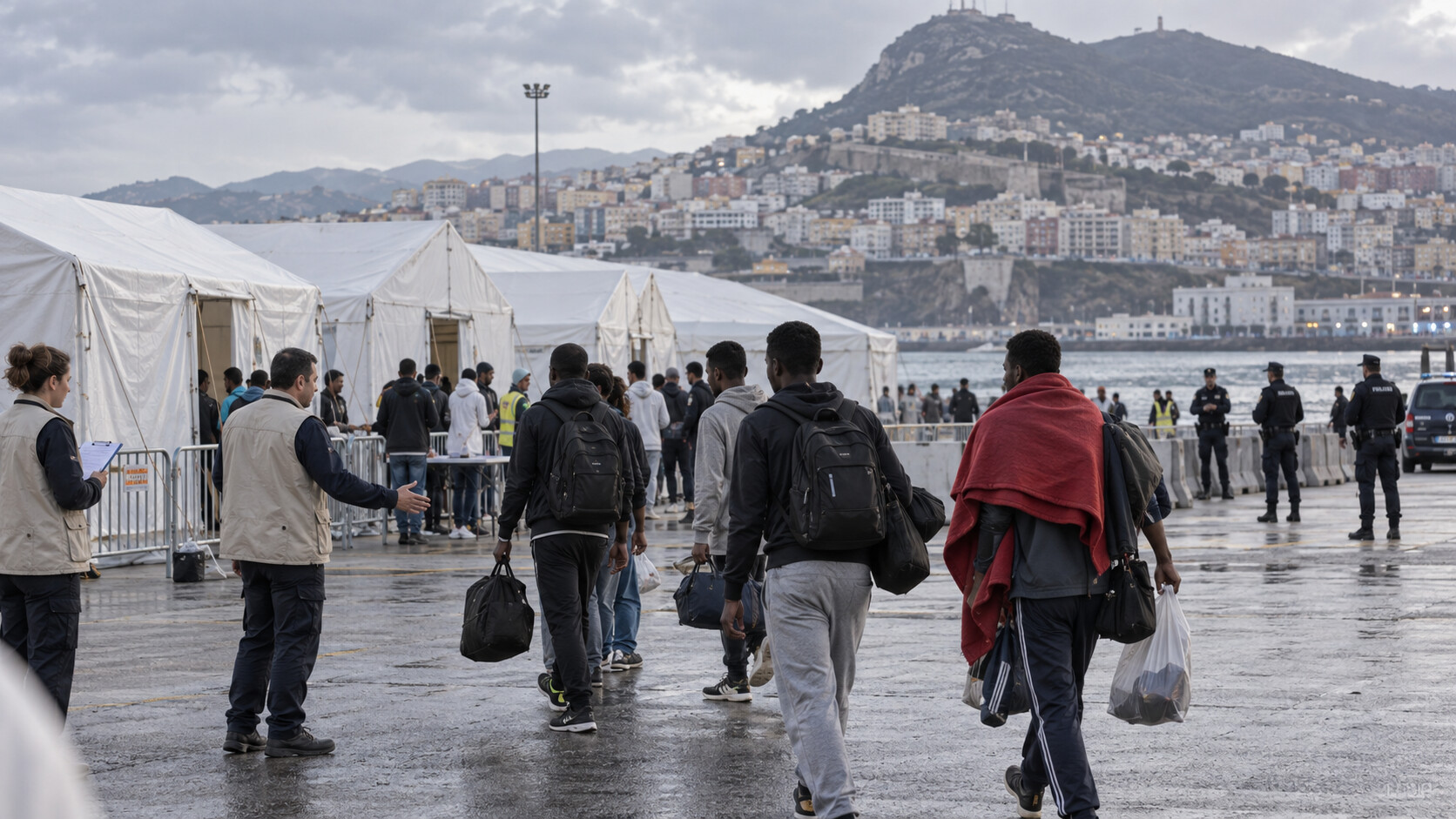 Menschen und Hilfskräfte vor provisorischen Unterkünften in Ceuta.