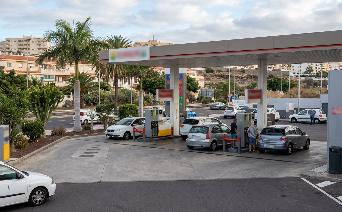 Zapfsäulen an einer Tankstelle auf den Kanaren mit Fahrzeugen im Hintergrund
