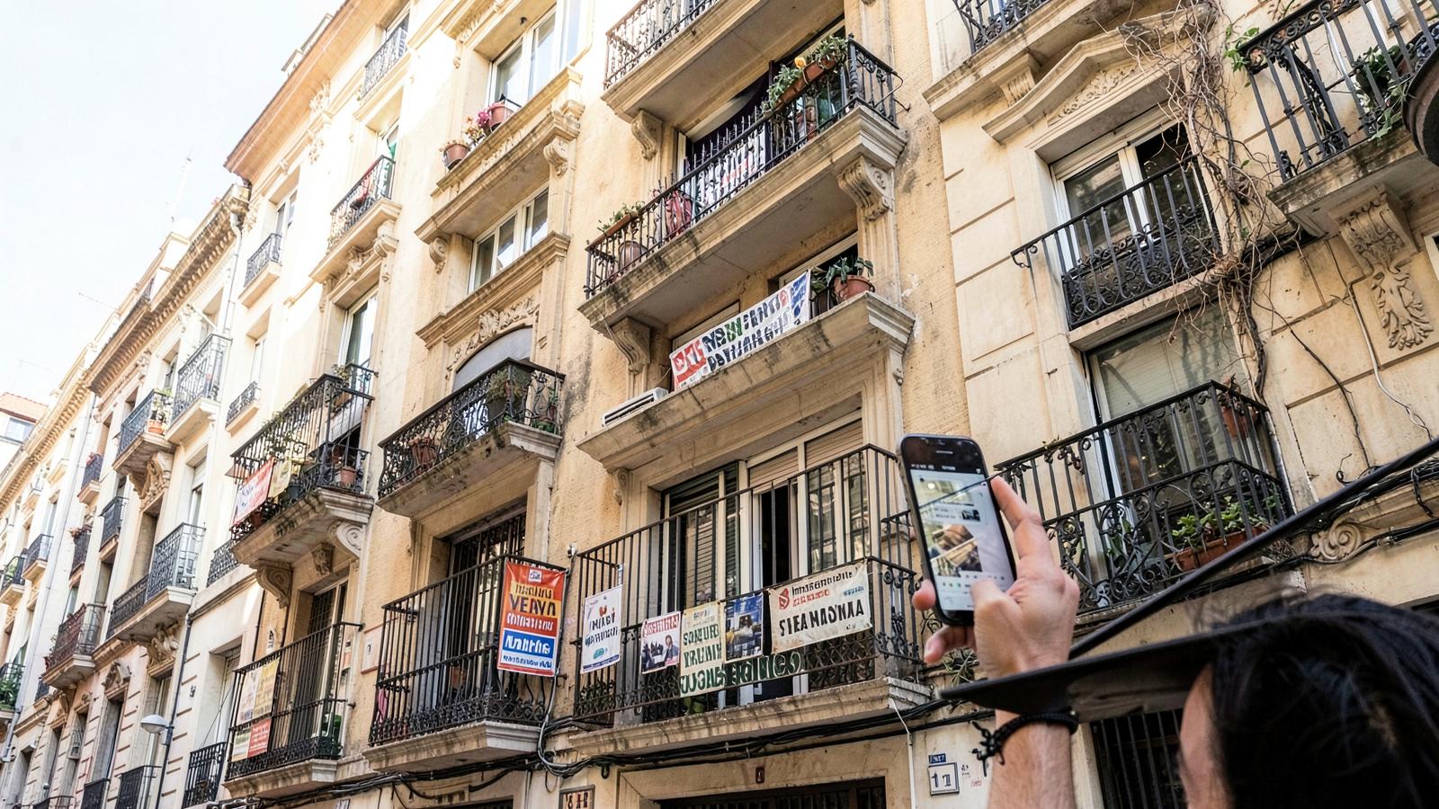 Wohnhausfassade in Spanien mit mehreren Miet- und Verkaufsschildern an den Balkonen