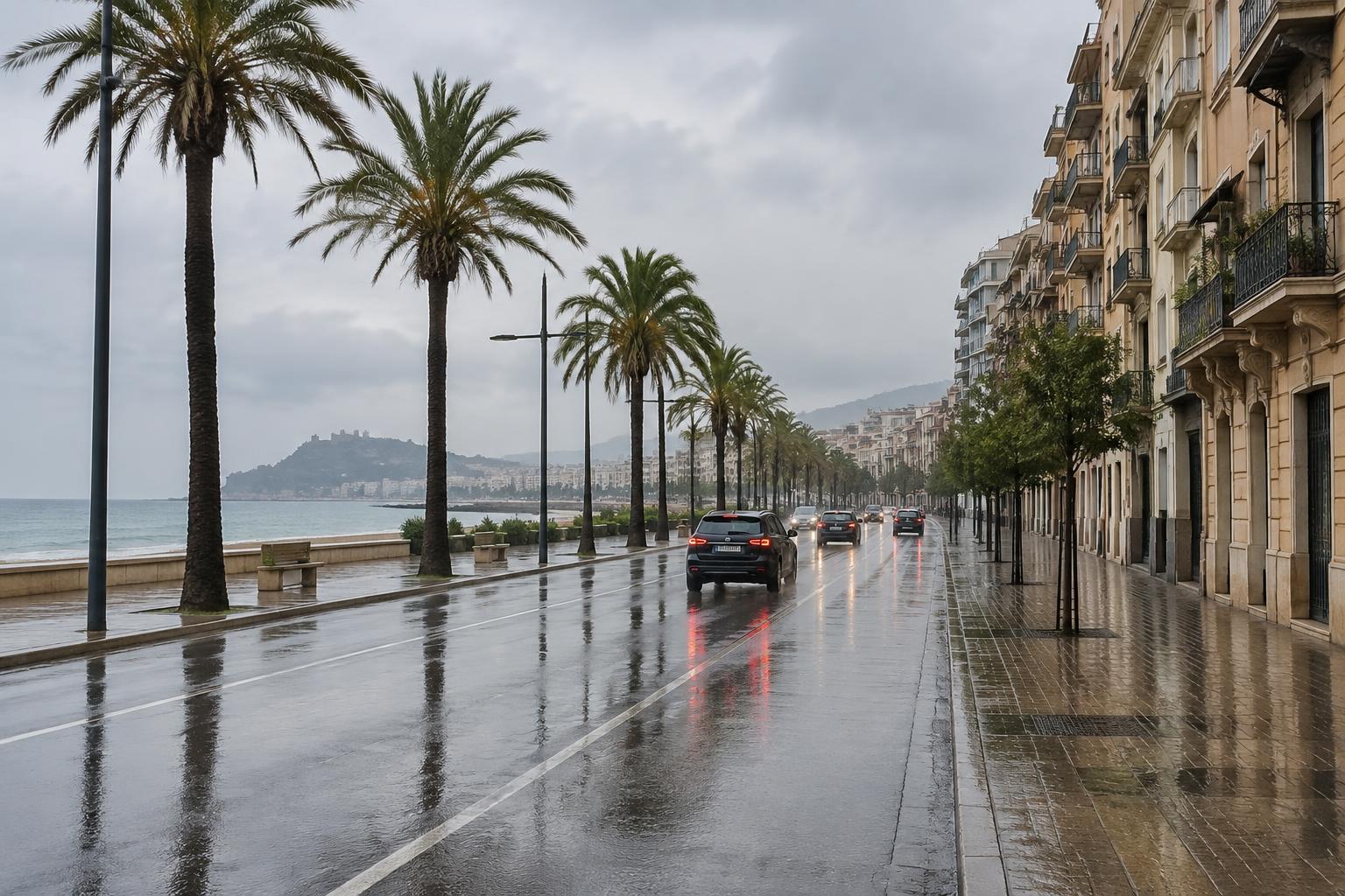 Unwetter Ostküste Spanien: regennasse Küstenstraße in einer spanischen Mittelmeerstadt. Symbolbild – mit künstlicher Intelligenz erstellt
