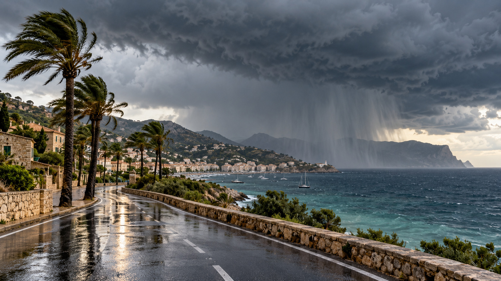 Dunkle Gewitterwolken und kräftiger Regen über einer Küstenstraße auf Mallorca