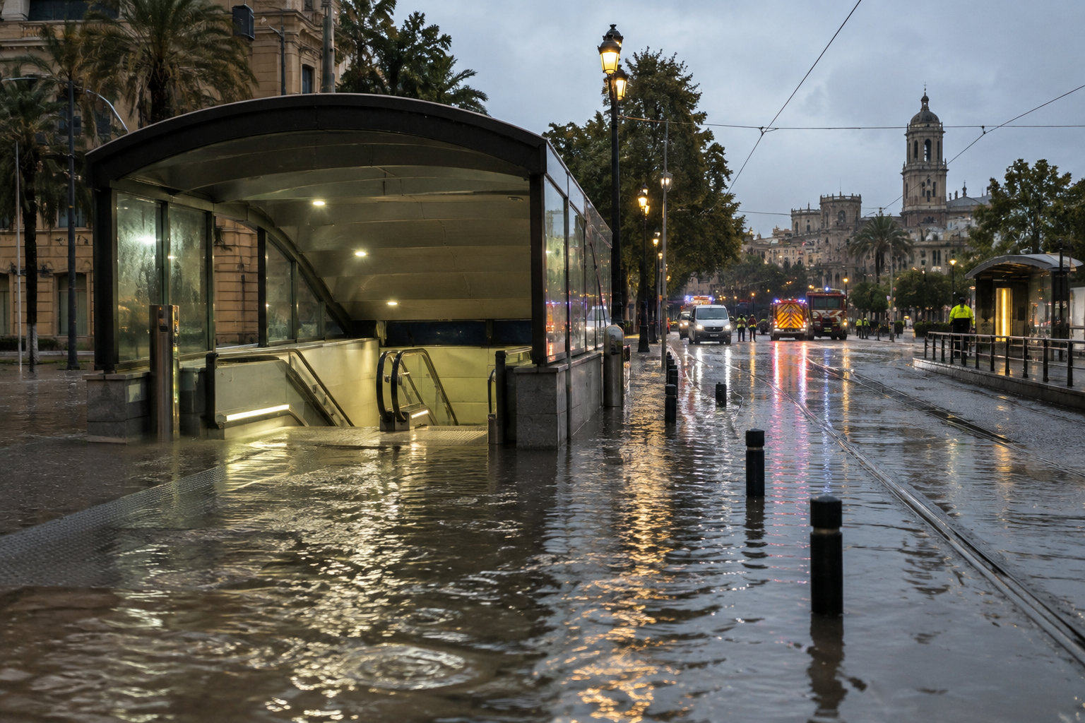 Überflutete Straße vor einer Metrostation in Valencia nach heftigem Starkregen
