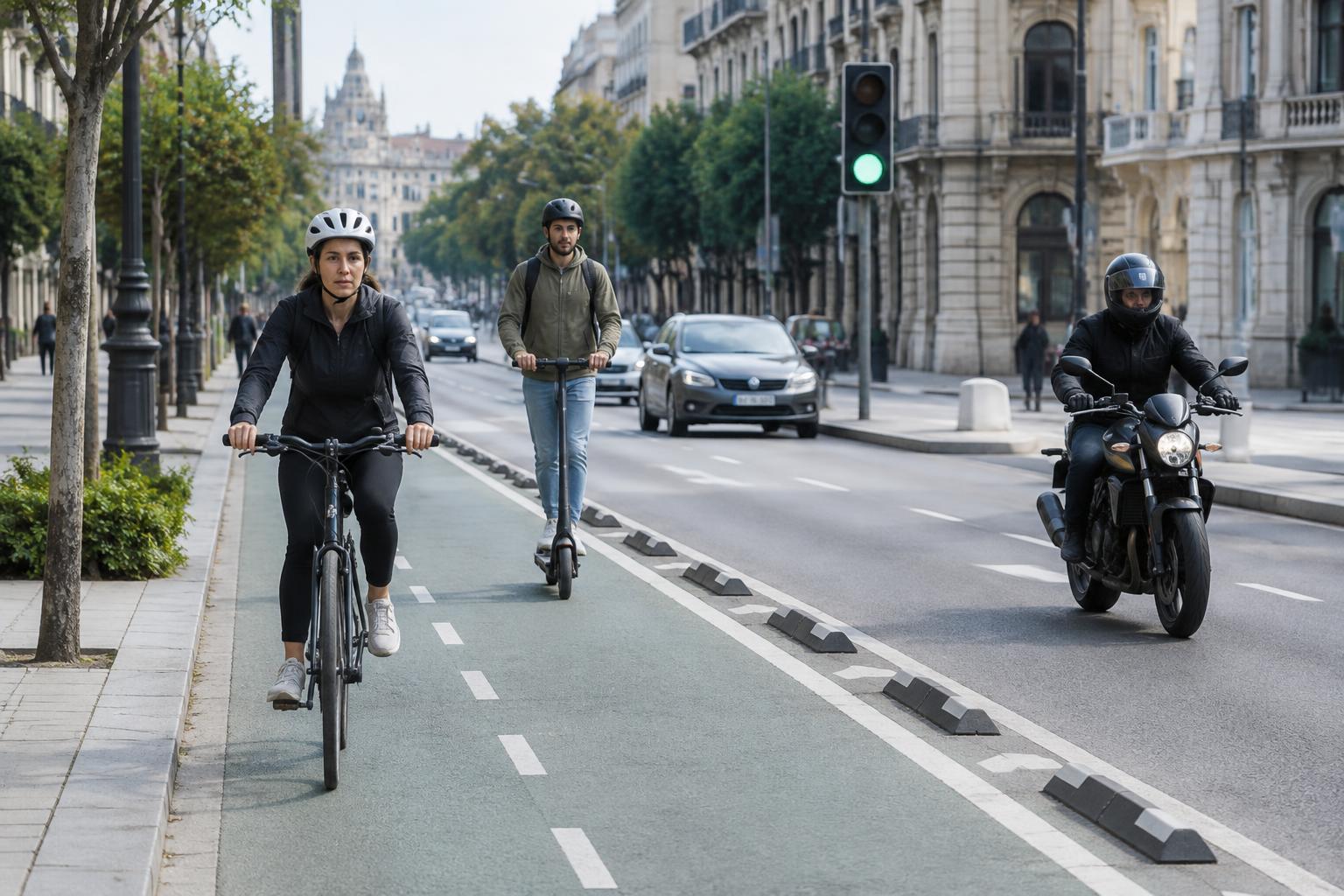 Radfahrerin, E-Scooter-Fahrer und Motorradfahrer mit Helm auf einer spanischen Stadtstraße