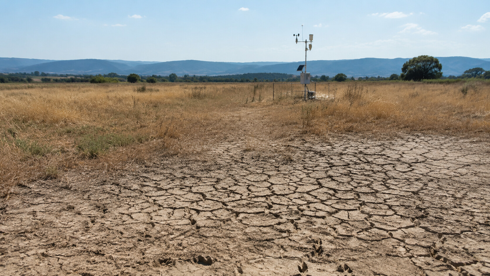 Ausgetrockneter Boden und Wetterstation in der Landschaft bei Vitoria-Gasteiz