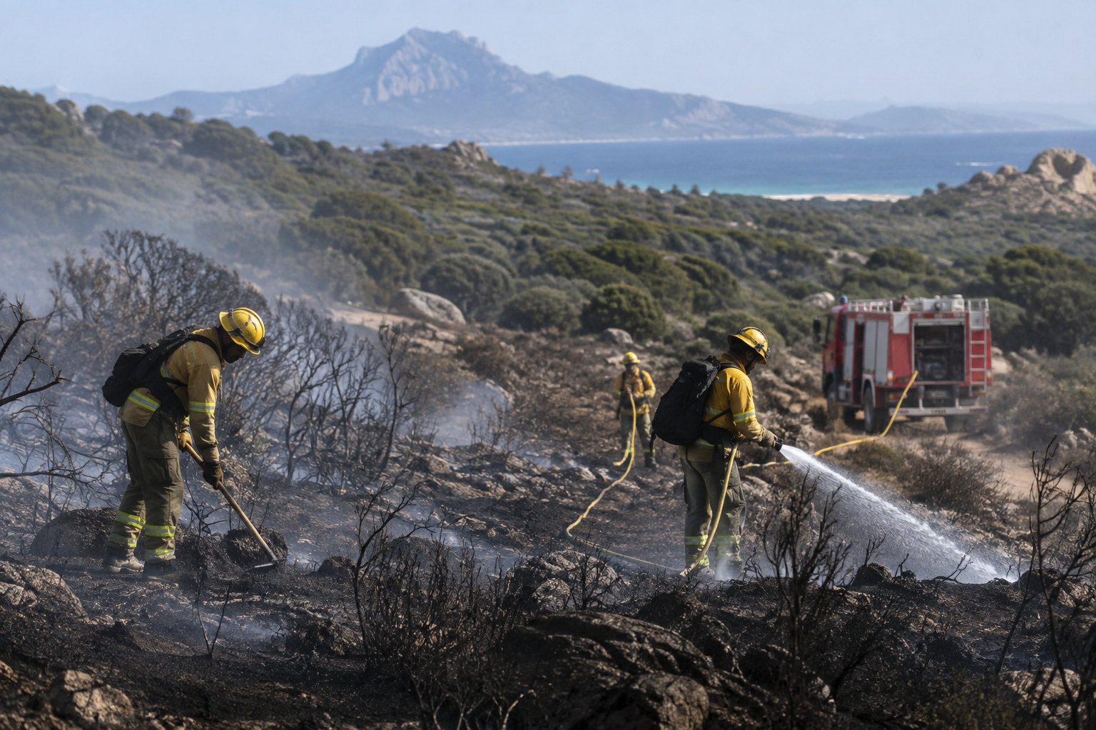 Waldbrandkräfte bei Nachlöscharbeiten in verbranntem Buschland nahe Tarifa