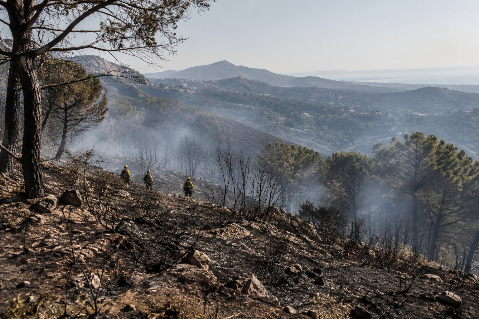 Verkohlter Waldhang bei Benahavís nach einem kontrollierten Waldbrand