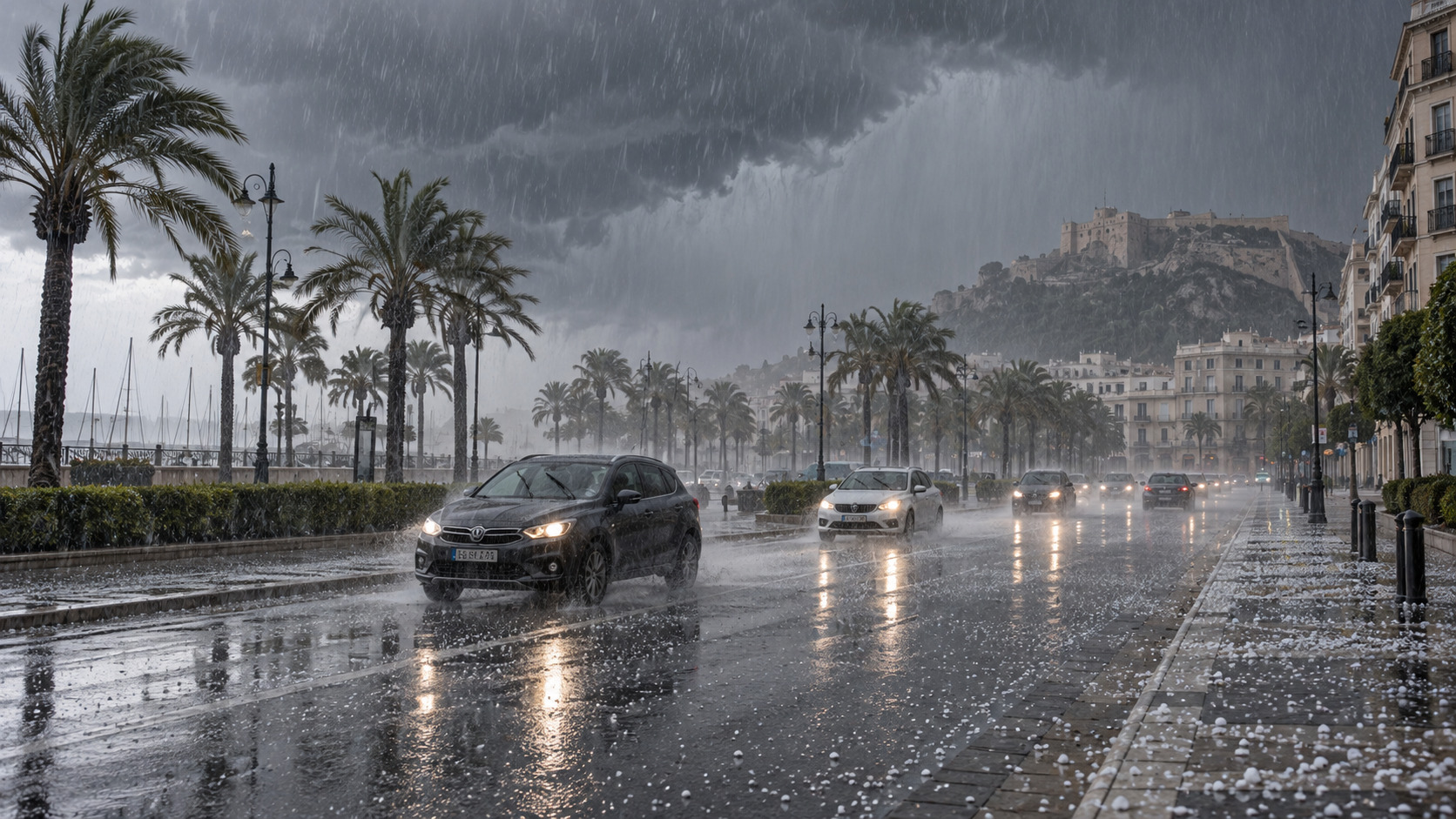 Starkregen und Hagel auf einer mediterranen Stadtstraße im Osten Spaniens