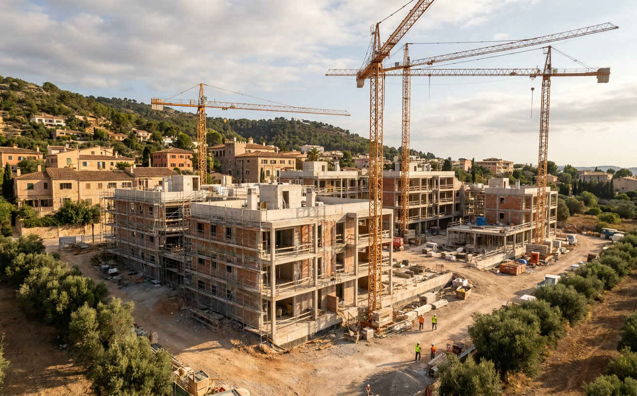 Wohnungsbau mit Kränen und Mehrfamilienhäusern auf Mallorca