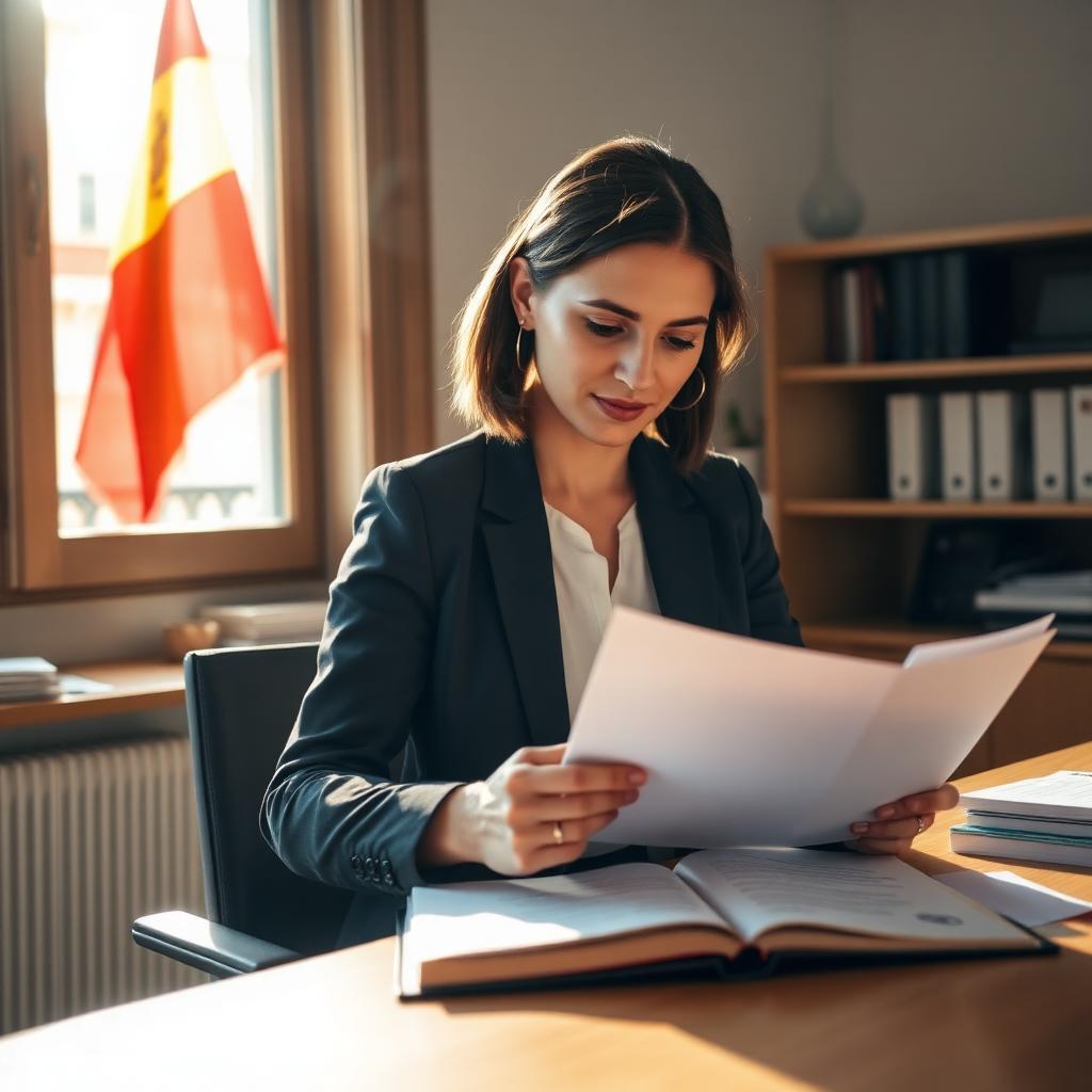 Junge Fachkraft prüft Zeugnisse und Diplome an einem sonnigen Schreibtisch in einem spanischen Büro