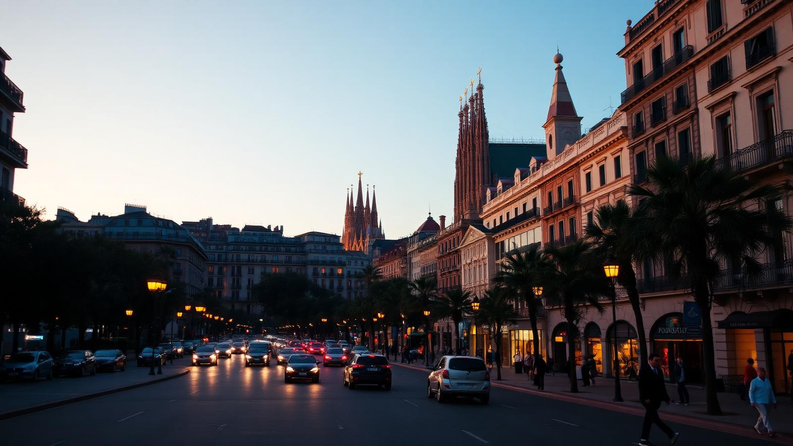 Barcelona bei Dämmerung mit Modernisme-Architektur und Silhouette der Sagrada Família