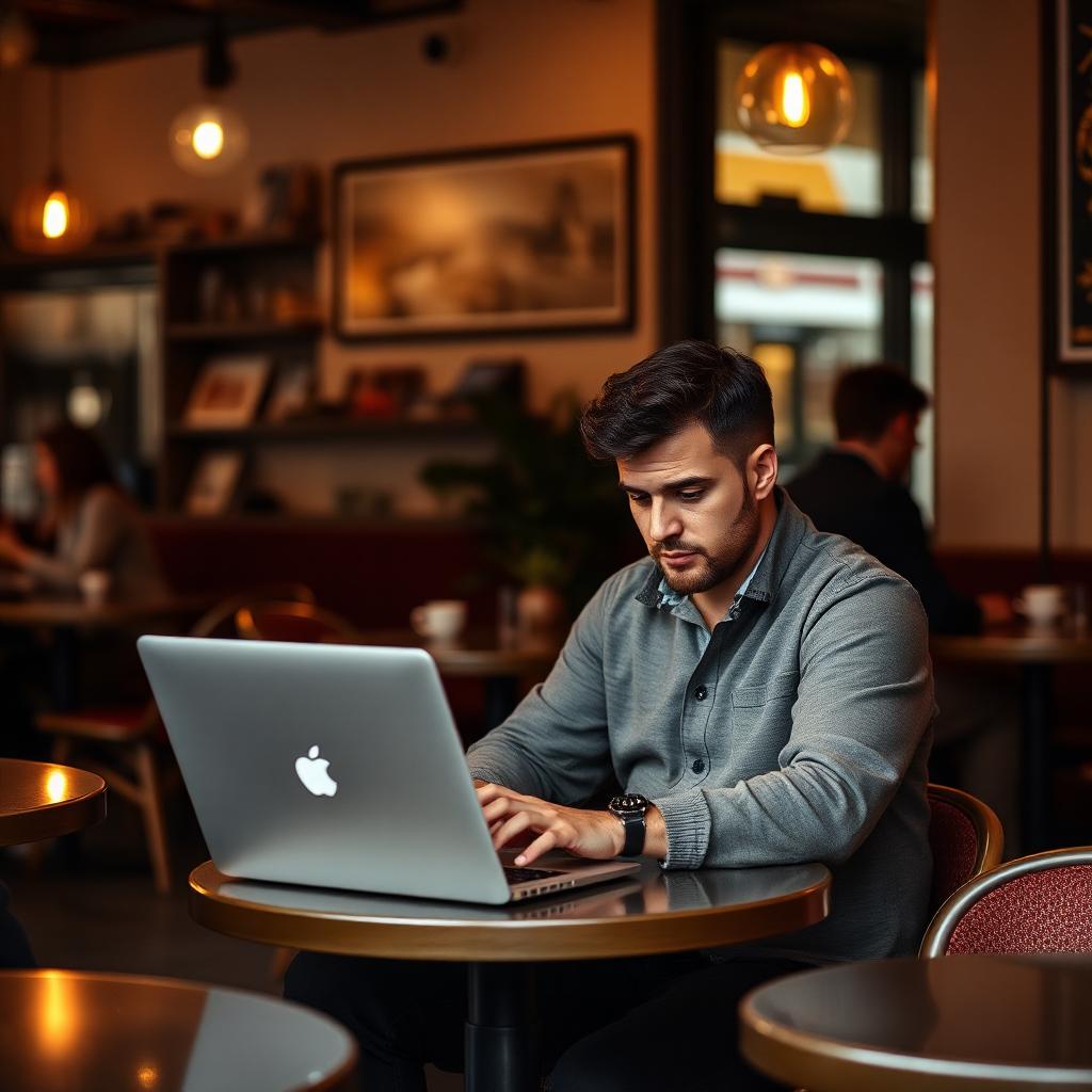 Selbstständiger arbeitet in einem Café in Barcelona