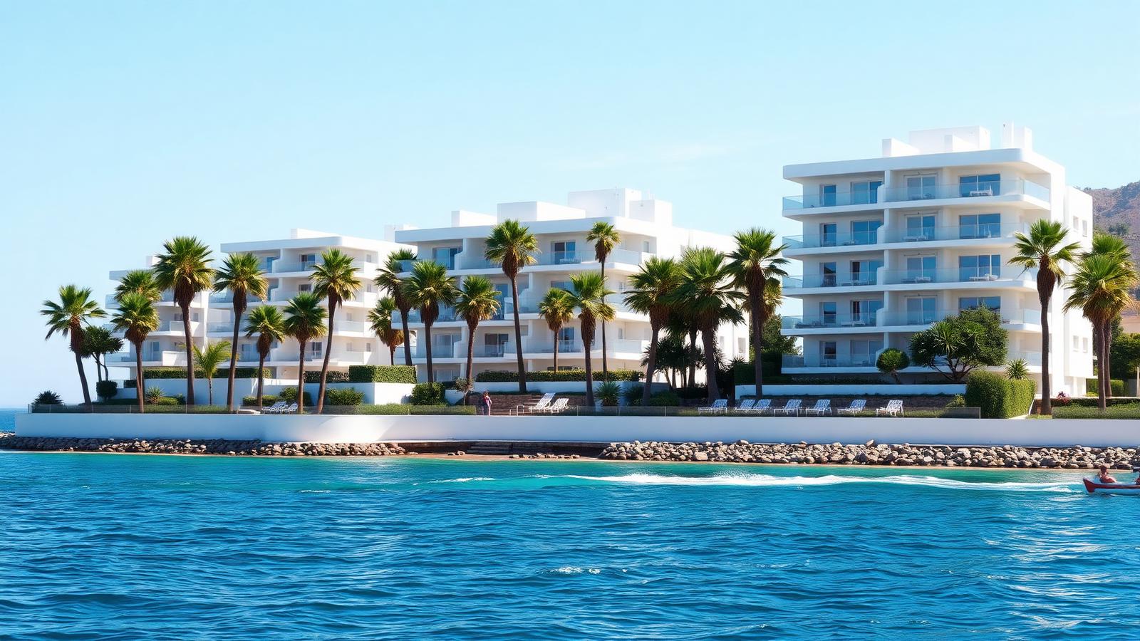 Moderne weiße Apartmentblöcke an der Küste der Costa del Sol