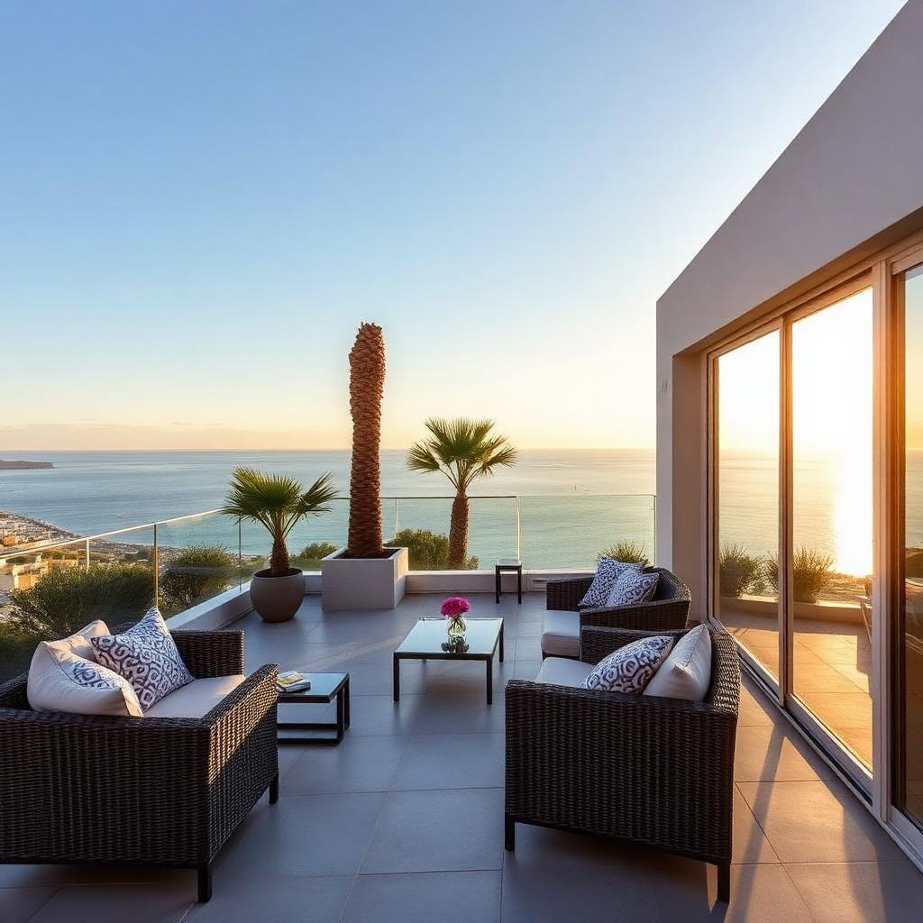 Penthouse-Terrasse in Estepona mit Blick auf das Mittelmeer und Palmen im Abendlicht