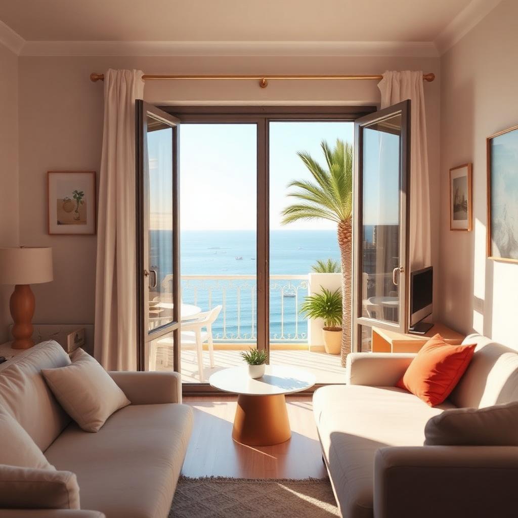 Helle Ferienwohnung in Spanien mit offener Balkontür und Blick auf das Mittelmeer