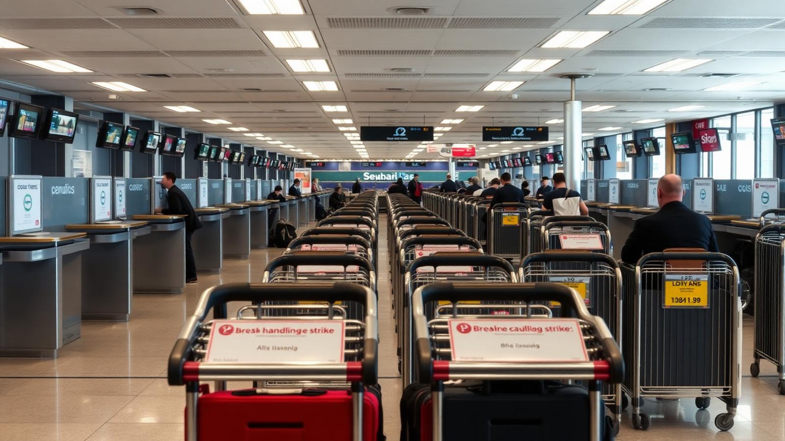 Leerer Check-in-Bereich mit Gepäckwagen an einem spanischen Flughafen