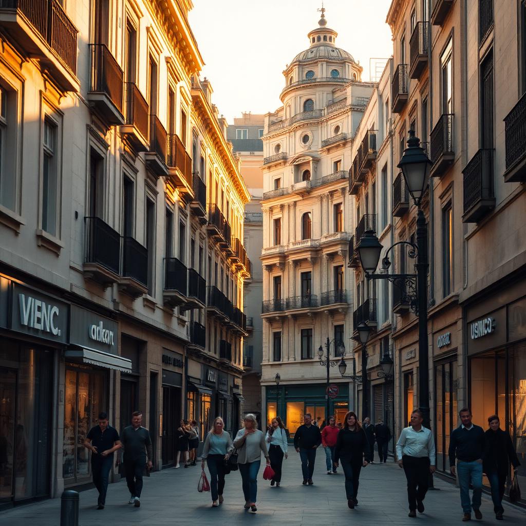 Belebte Straße in einer spanischen Innenstadt im Abendlicht