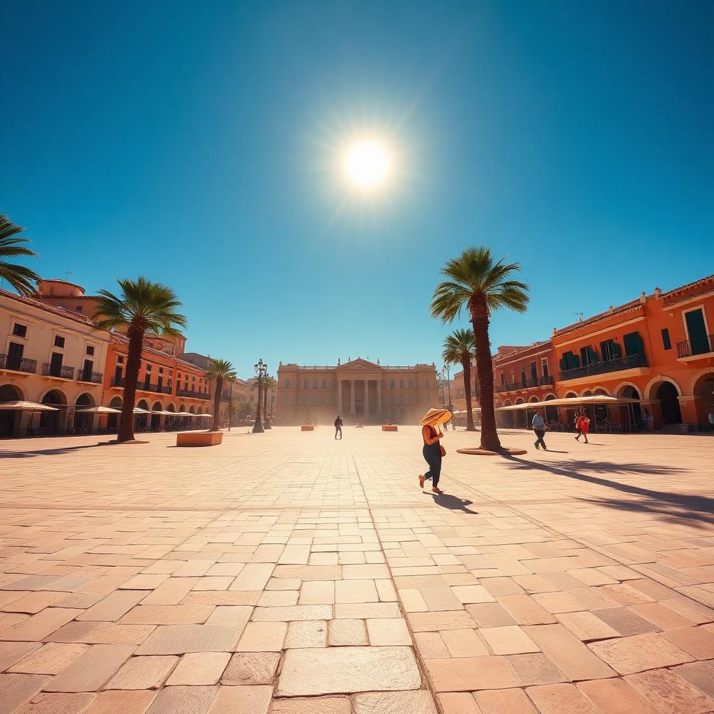 Menschenleere Plaza in einer spanischen Stadt bei greller Mittagssonne, flirrende Hitze über dem Steinboden, Palmen und ockerfarbene Fassaden